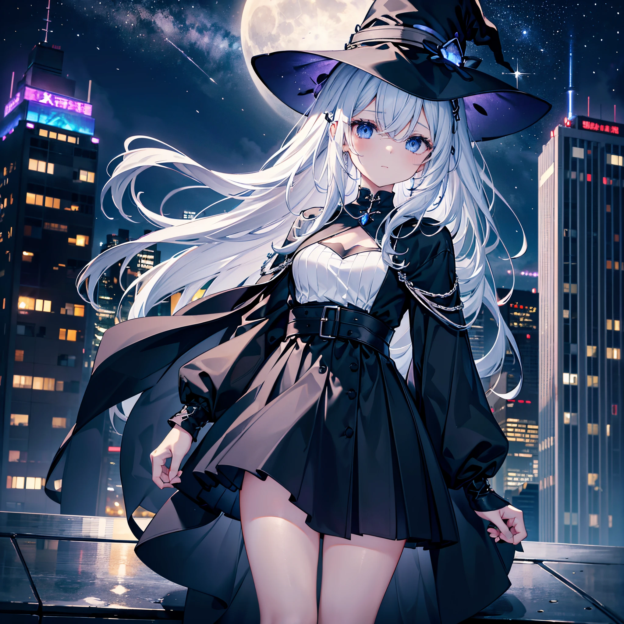 This is the rooftop of a skyscraper in the city.、It's late at night now.、You can see the night view of many low buildings in the background.、Photograph them from above、Small moon and starry sky、You can see the beautiful sea with the moonlight reflecting in the distance.、Photograph her from an angle of 45 degrees above、One 27-year-old woman with small breasts、She wears a large black witch hat with sapphire accessories、White medium shorthair with blue-purple mesh、He looks at me with a cool face and disdain with amused eyes.、Blue eyes with highlights、She is wearing a long black coat over a white t-shirt、White camisole、Black pleated skirt、Black sneakers with white shoelaces、small tits、discreet breasts、full-shot、hiquality、High Details、high-level image quality、4K picture quality、beatiful backgrounds