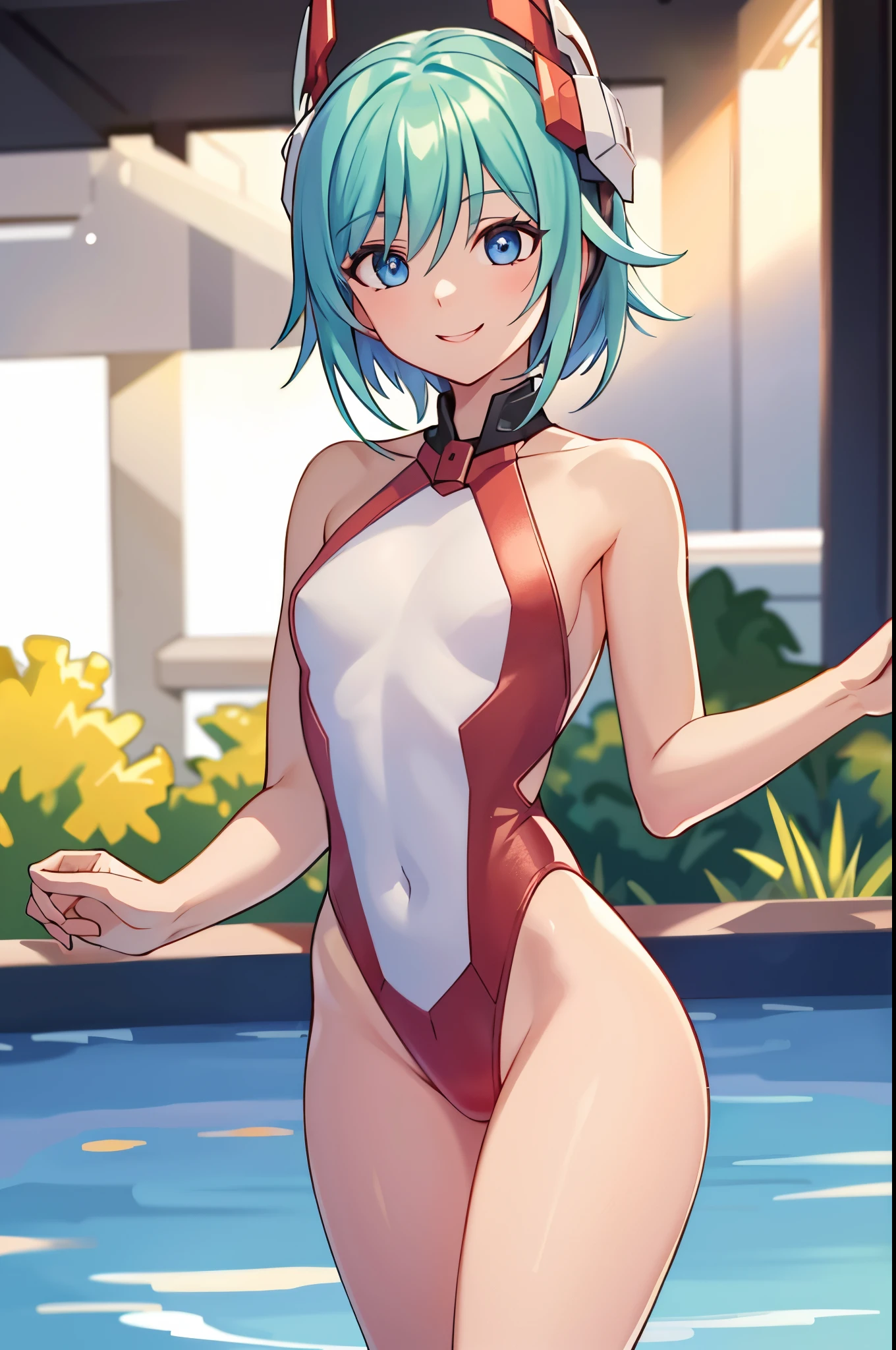 (best quality,4k,8k,highres,masterpiece:1.2),ultra-detailed,realistic,beautiful detailed eyes,beautiful detailed lips,extremely detailed eyes and face,longeyelashes,red swimsuit,light green hair, short hair,big eyes, blue eyes,red mecha headgear,small breasts,smiling,piscina,sharp focus,vivid colors, full body in frame
