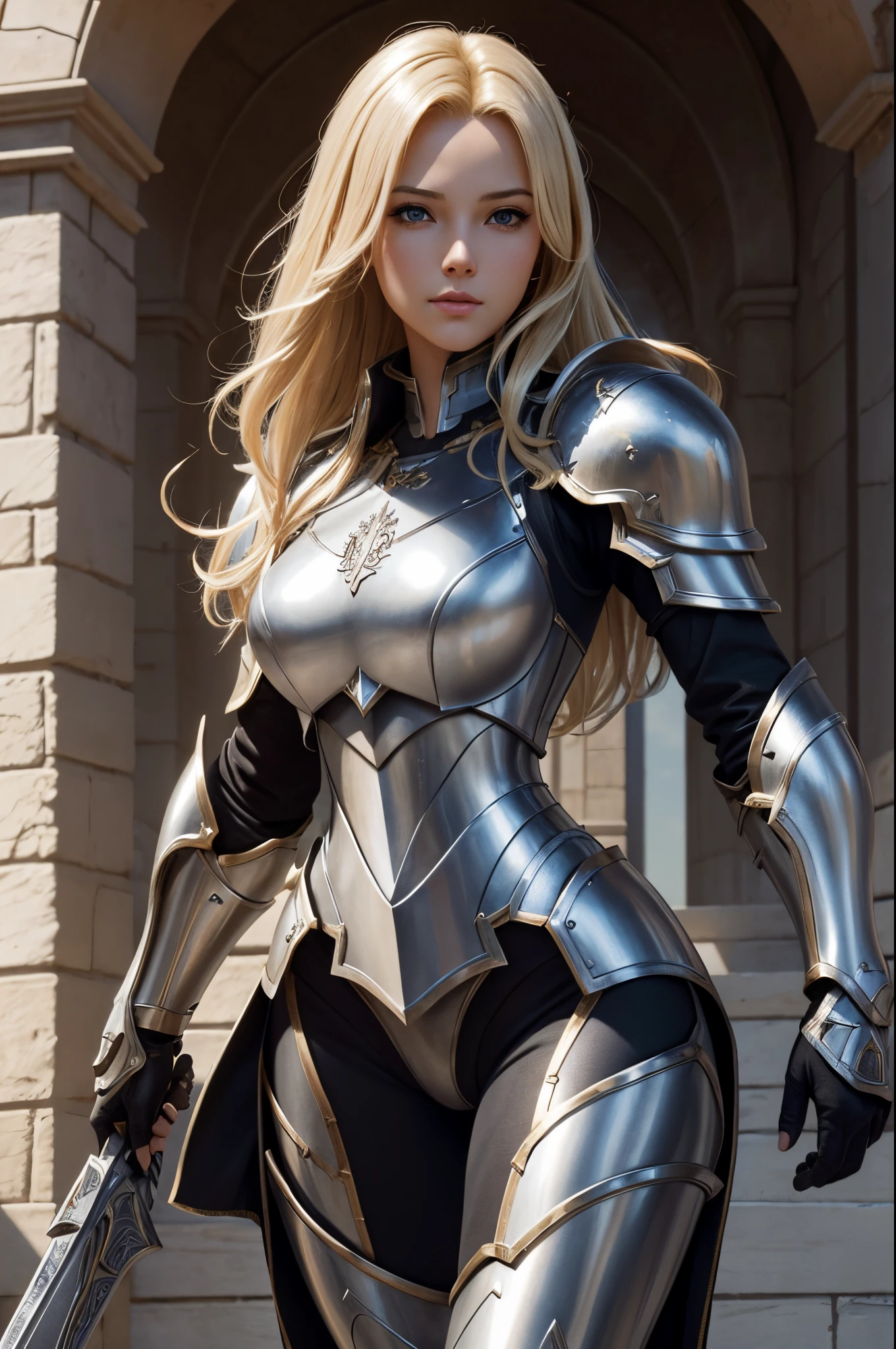 Blonde warrior, detailed, 1 girl, beautiful, 8k, artwork, ultra realistic, ultra detailed, medieval costume, steel breastplate, steel gauntlets, steel gloves, steel boots, standing, front, no pants, no pants, white panties, panties appearing, cameltoe, thong, nsfw, pantyshot, RAW,