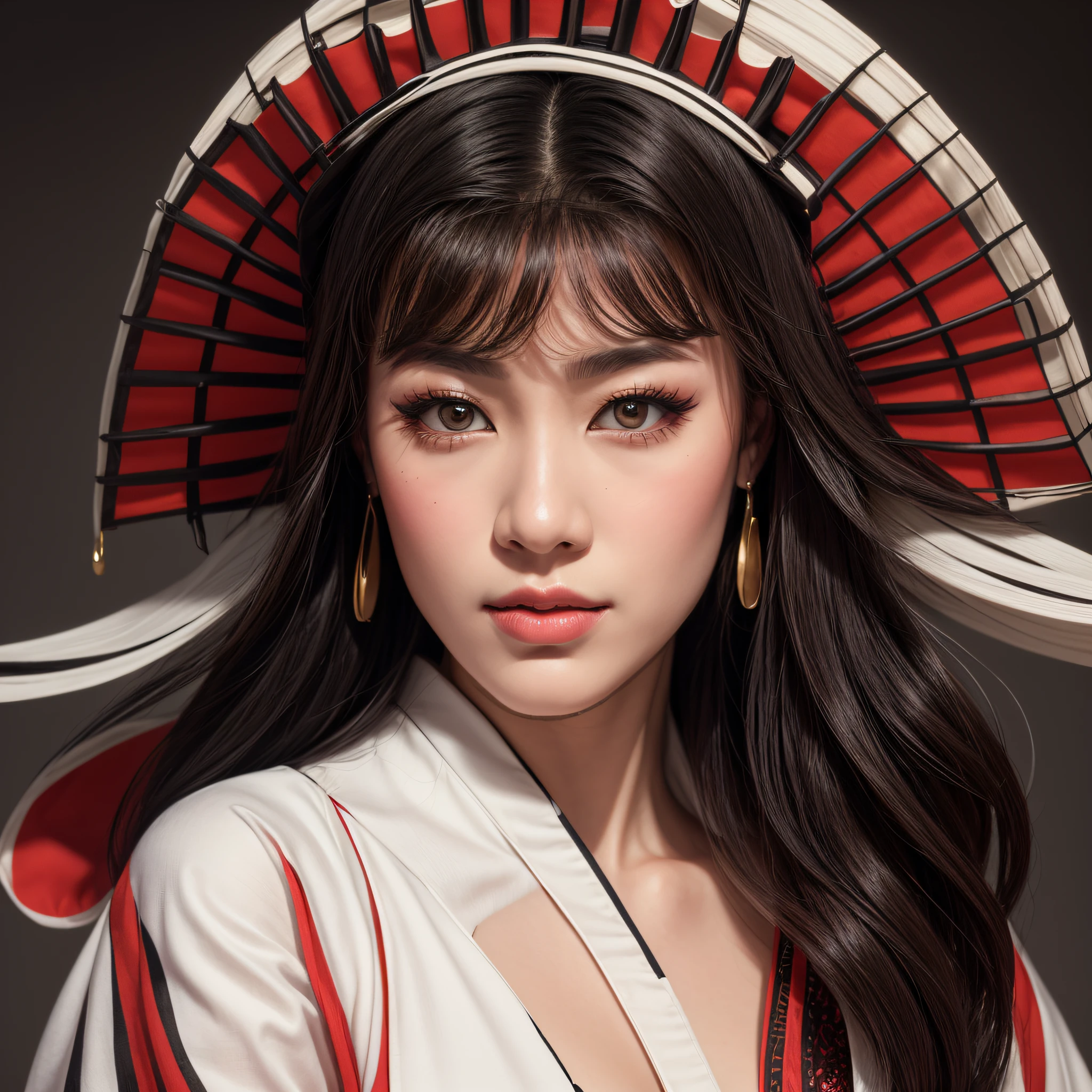 a beautiful, very sexy geisha, with flowing hair, full lips, beautiful eyes, wearing earrings, with a fan on her head, and wearing a beautiful white kimono with a red lapel, Realistic portrait of a beautiful geisha, Detailed face of an Asian geisha, beautiful oriental woman, Geisha realistic portrait, glamorous and sexy geisha, beautiful portrait of a beautiful Asian woman, a beautiful realistic art of a geisha, female geisha girl, in digital realistic style, Beauty Geisha.