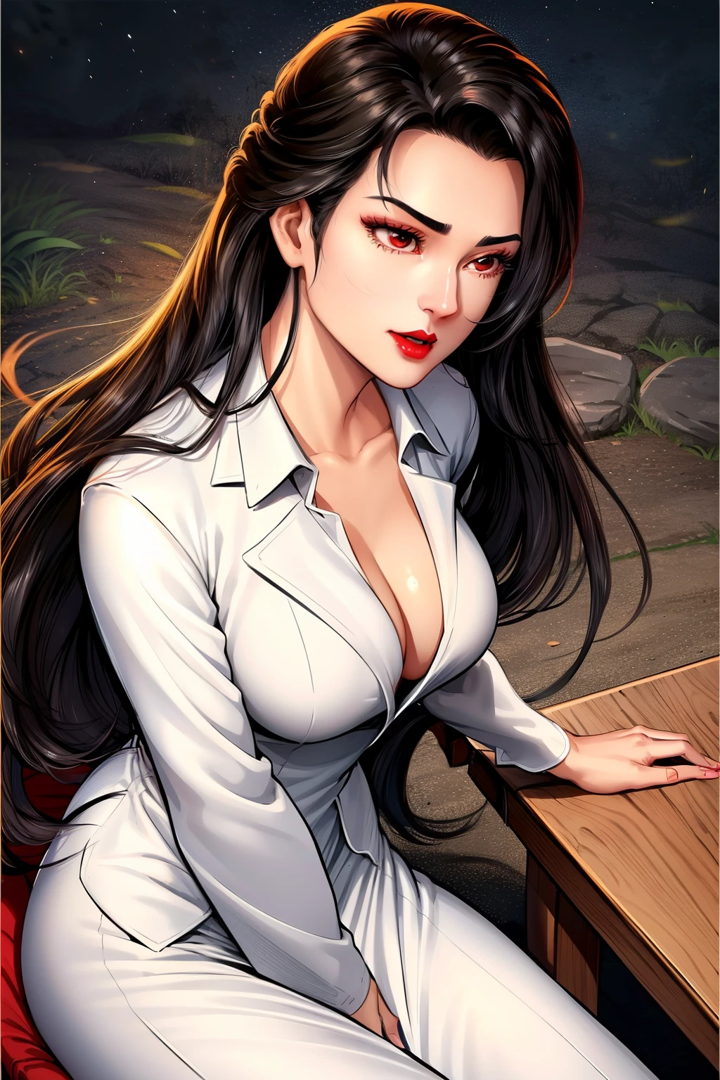 yuanshen,1girl,black hair,long hair,solo,lipstick,red lips,makeup,brown eyes,black eyes,perfect hands,(highres, high quality:1.3),intricate details,cinematic lighting,sharp focus,depth of field,sitting on bench,park,evening,sunset,sky,very long hair,makeup,eyelashes,detailed eyes,perfect face,white business suit,formal,white skirt suit,white jacket suit,white miniskirt,large breasts,(areola slip:1.2),(nipple slip:0.7),looking at viewer,