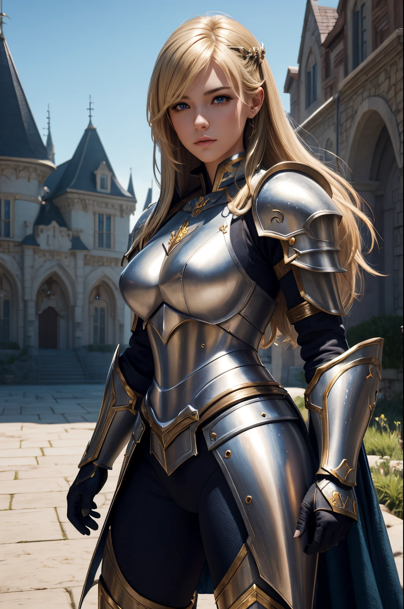 masterpiece, ultra-detailed, cinematic lighting, illustration, 8k high definition, insanely detailed, hyper-realistic, ultra detailed, long hair, perfect hand, blond hair, ponytail hair, smiling, beautiful detailed glow, lots of glow, looking at viewer, realistic, dominant personality, extroverted personality, small boobs, wearing templar knight armor, focus on, very thick thighs, asian, on castle, korean, busty, blushed, very fit body, full body, zoom on face, looking from near below, ultra-detailed beautiful eyes, blue eyes, squatting on ground, legs spread open, showing, juice, dripping juices, puffy,