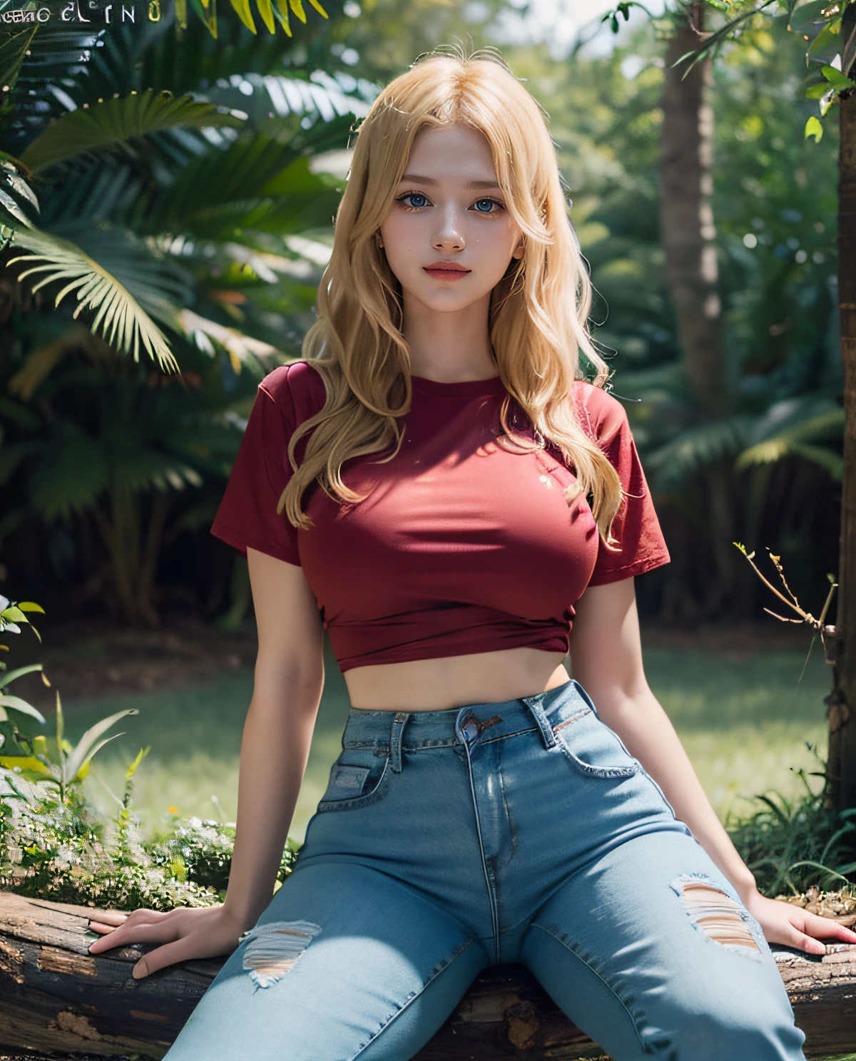 1girl, (Blue eyes), (Smile), (Sana Minatozaki), wide hips, Big Boobs, big ass, round butt, (Best Quality, 8k, Masterpiece: 1.3), perfect hands, Clear Focus: 1.2, Perfect Body Beauty: 1.4 , Slender Abs: 1.2, Highly detailed face and skin texture, detailed eyes, double eyelids, (blonde long hair), (tight red t-shirt :1.2), (tight Jeans :1.3), (sitting on a log), ((open legs :1.2)), in a park