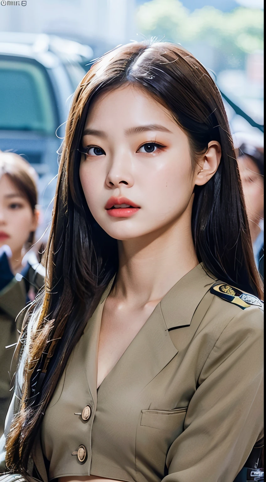 a woman in a military uniform standing in front of a crowd, blackpink jennie, jaeyeon nam, wan adorable korean face, jossi of blackpink, beautiful south korean woman, korean girl, portrait of jossi of blackpink, roseanne park of blackpink, popular south korean makeup, park ji-min, portrait of female korean idol, female actress from korea, lee ji - eun