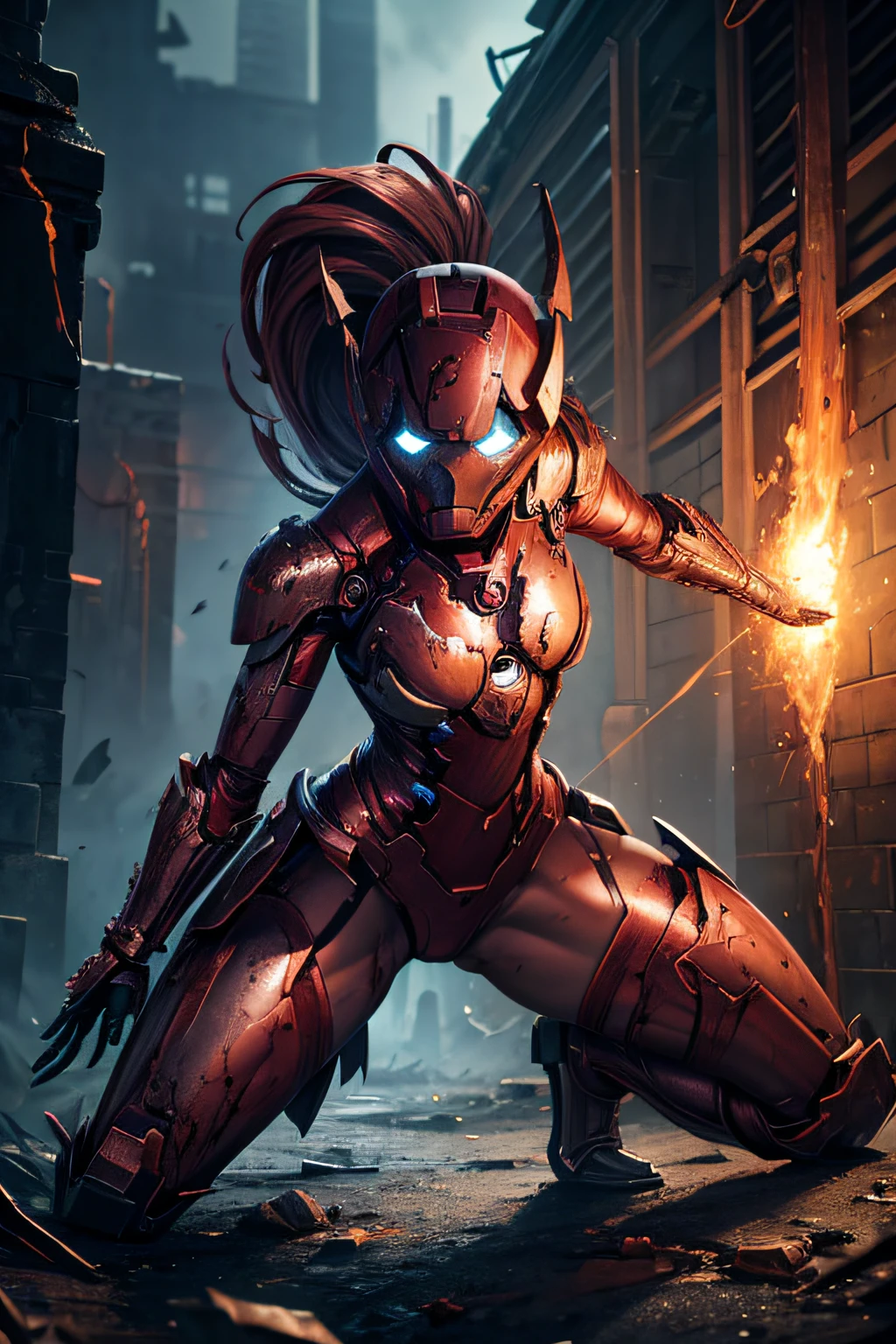 dead rotting evil zombie girl, demonic iron man costume, torn broken, damaged falling apart armor suit, sexi, revealing, topless, naked breasts, bloody, psychotic, dark, glowing eyes, evil, combat stance, highly detailed, vibrant appearance, creative behavior, imaginative, sensual, spontaneous, small breasts, sexi, highest quality, skin texture, intricate details, (cinematic lighting), RAW photo, 8k, masterpiece,best quality,ultra-detailed,very detailed illustrations,extremely detailed,intricate details,highres,super complex details,extremely detailed 8k cg wallpaper,