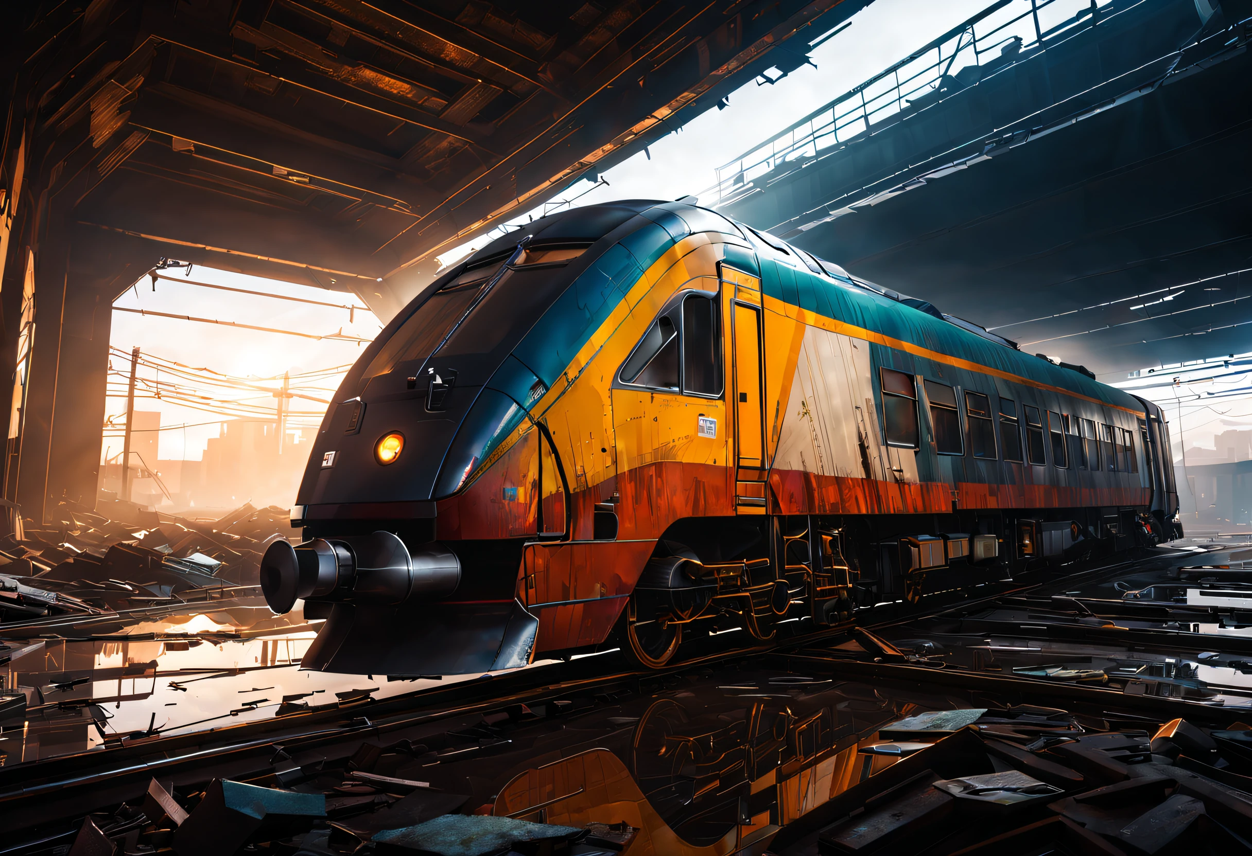 (best quality,4k,highres,masterpiece:1.2),train,ruins,sci-fi,futuristic, cinematic lighting, chiaroscuro,ray tracing,highly detailed, high-quality, mirai, color contrast, atmospheric, dystopian, urban, vibrant colors, shattered glass, dramatic shadows, decaying buildings, futuristic technology, dynamic composition, motion blur, urban decay, dynamic perspective, immersive atmosphere, post-apocalyptic, abandoned, reflections, moody, intense, mystery, advanced design, sleek lines, powerful engine, speed, danger, adrenaline rush