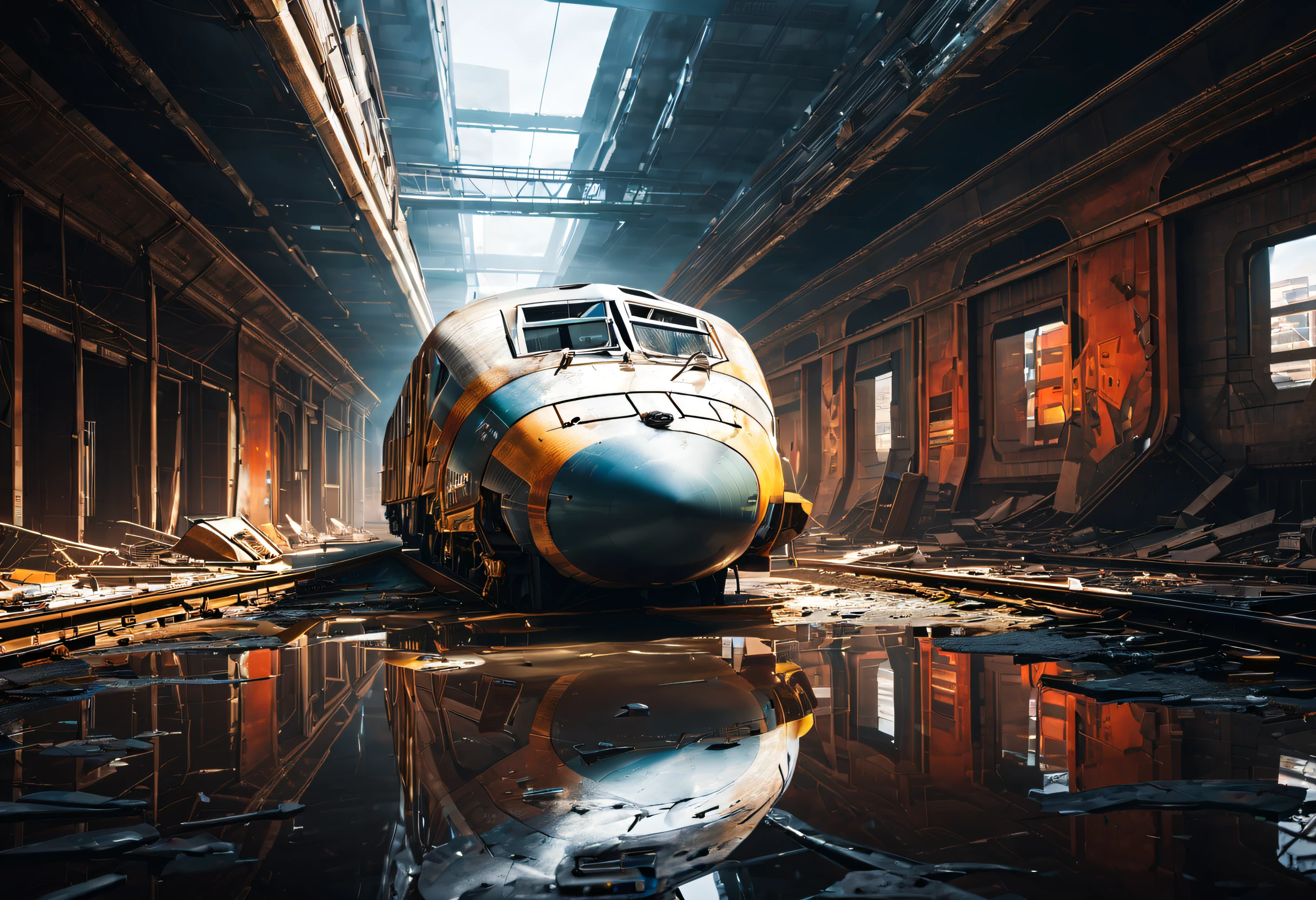 (best quality,4k,highres,masterpiece:1.2),train,ruins,sci-fi,futuristic, cinematic lighting, chiaroscuro,ray tracing,highly detailed, high-quality, mirai, color contrast, atmospheric, dystopian, urban, vibrant colors, shattered glass, dramatic shadows, decaying buildings, futuristic technology, dynamic composition, motion blur, urban decay, dynamic perspective, immersive atmosphere, post-apocalyptic, abandoned, reflections, moody, intense, mystery, advanced design, sleek lines, powerful engine, speed, danger, adrenaline rush