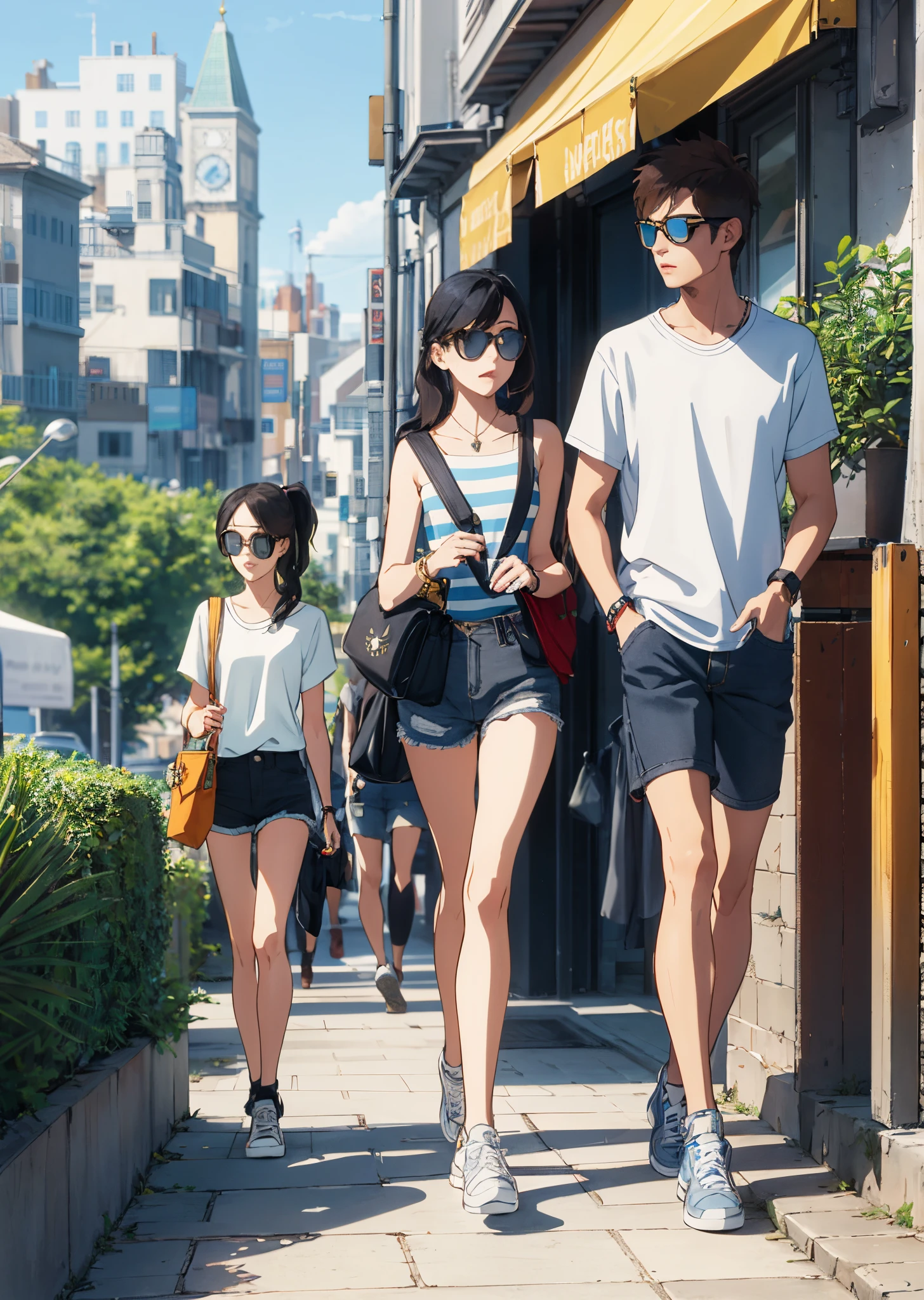 disney movie pixar poster: 5 friends standing on a terrace on the sidewalk with the city background. The girl on the left has brown, straight hair past her shoulders, fastened with clips on the sides. She is wearing a white top, white short shorts and has a necklace. He has Adidas shoes and a canvas bag on his left shoulder. On the right side, a red-haired girl in a ponytail with side bangs stands next to her. She is wearing a white top, black knee-length shorts, black sneakers and a necklace. He has a canvas bag on his left shoulder. On the right side, a girl with brown hair styled past her shoulders stands next to her. She is wearing a long dress with thin white and blue straps. She has black sneakers, a small black purse on her left shoulder and a gold necklace. On the right side, next to her is a boy with blond hair and sunglasses on his hair. He has a short-sleeved shirt with thick vertical blue stripes and thin white, knee-length black shorts, white shoes with colorful inserts, a black necklace and a watch on his right hand. On the right side, next to him stands a boy with black hair beyond his ears. He is wearing a slightly rusty black long-sleeved shirt, knee-length denim shorts and black sandals.