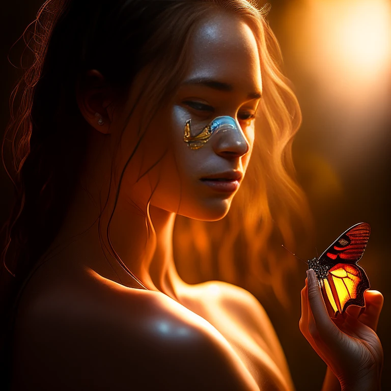 award winning portrait of topless beautiful 18 year old girl looking at a backlit butterfly, bokeh, backlit, octane, unreal, epic composition