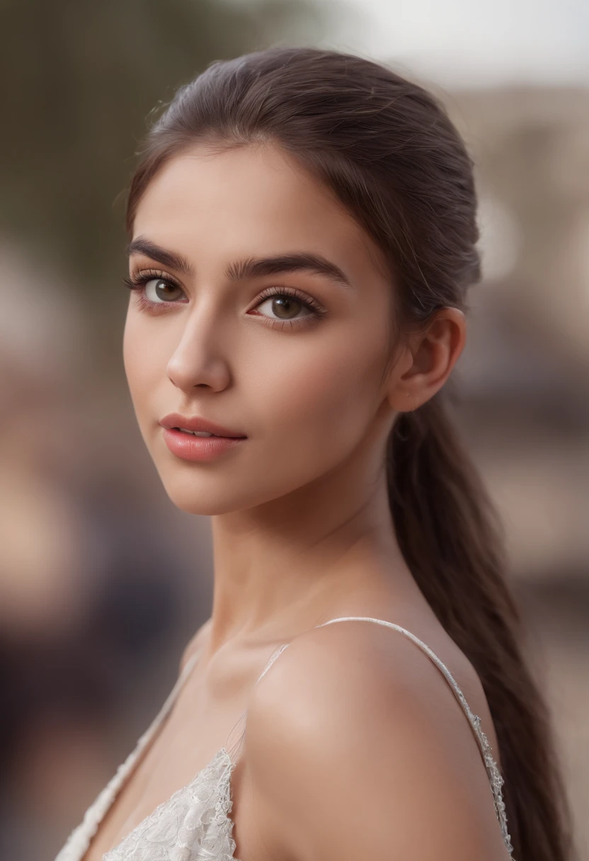 ((iraqi dark skin, iraqi attractive 18 year old )), ((her beauty is undeniable)), ((excited cute face)), ((hyper detailed perfect eyes,)), ((cute pose)), ((seductive )), sexy, (( ponytail hair,)), (( skin)), ((standing, front view)), ((outdoors, public city)), sharp focus cgi, photorealistic, high detail, realistic, masterpiece, absurdres, best quality, HDR, high quality, high-definition, extremely detailed, 8k wallpaper, intricate details, 8K uhd, Full-HD, (realistic photo:1.2), contrast, harsh lighting, cinematic lighting, natural lighting, hard light, backlighting, global illumination, ambient occlusion, topless