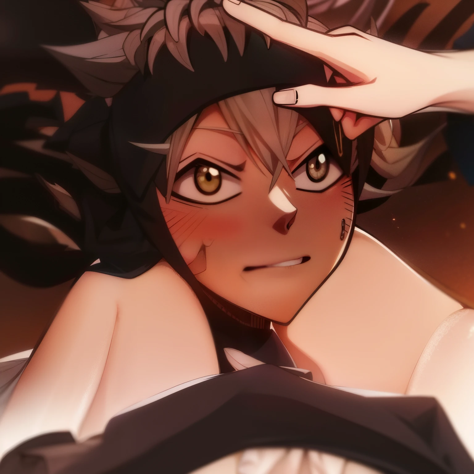 Personagem de anime homem, sentado na perna de mulher de anime. Captura de Black Clover, mulher com pele sedosa bonita e saia preta. Homem encostando em pernas afeminadas. Gentle female hand stroking her hair.