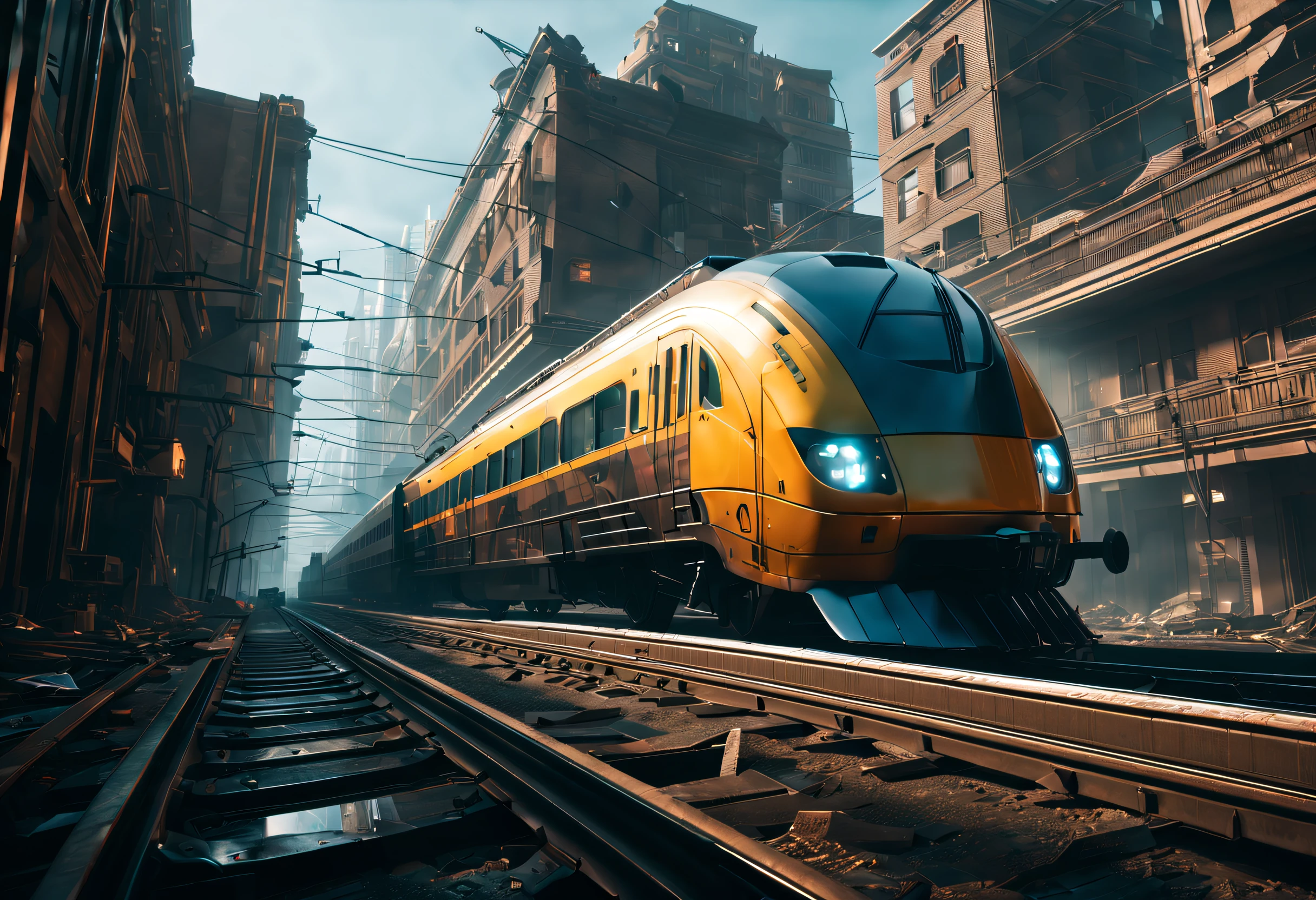 "Generate an ultra-detailed 4k CGI masterpiece (1.2 aspect ratio) featuring a train in a futuristic, post-apocalyptic city. Include (((highly detailed))) elements like ruins, shattered glass, and decaying buildings. Utilize cinematic lighting with chiaroscuro and ray tracing for the (((best quality))). Create a highly atmospheric scene with vibrant colors, dynamic shadows, and reflections. Incorporate futuristic technology, sleek lines, and powerful engines for a (((masterpiece))). Add a sense of danger, speed, and adrenaline rush through motion blur and dynamic perspective. Three related artists are Beeple, Mike Winkelmann, and Vitaly Bulgarov."