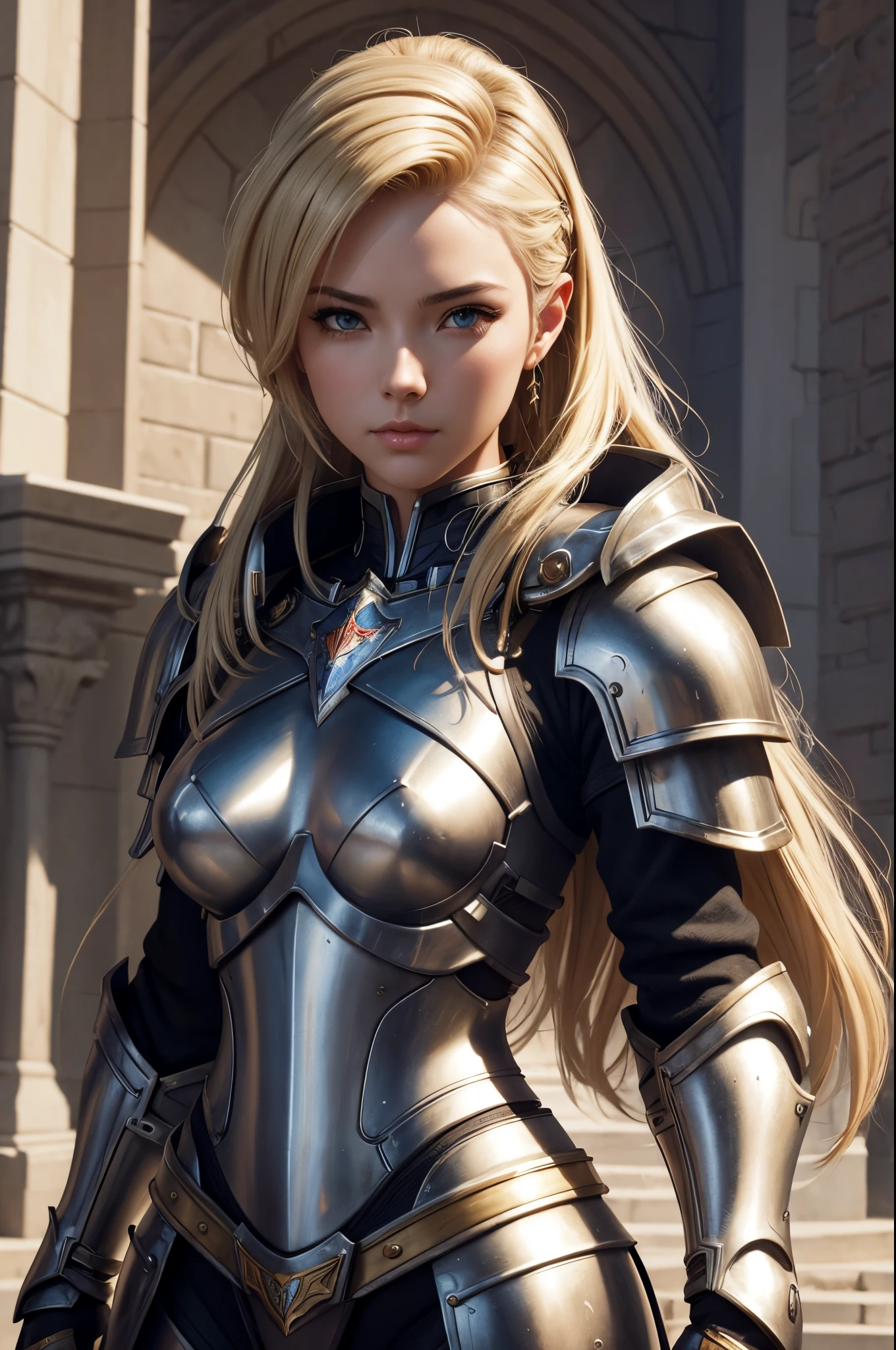 8K,Blonde mohawk girl in armor posing in front of a castle, artgerm julie bell beeple, Portrait of a girl holy knight with very small breasts, Portrait of a girl paladin, Alexandra Fomina Artstation, artgerm portrait, artgerm and wlop, ArtGerm ; 3d unreal engine, wlop and ArtGerm, ig model | ArtGerm, gorgeous girl paladin,超A high resolution,super realistic skin,tiny chest,