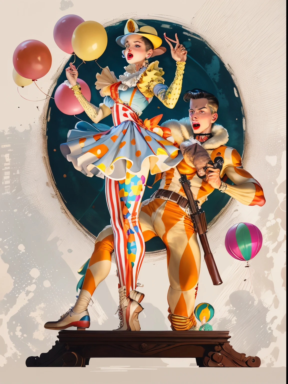 clown and girl With balloons and a gun on a pedestal, Enoque Bolles, parte estilo Leyendecker, J C Leyendecker 8 K, Joseph Leyendecker, Estilo Leyendecker, Inspirado por Joseph Christian Leyendecker, JC Leyendecker, J C Leyendecker, Leyendecker, j. C Leyendecker