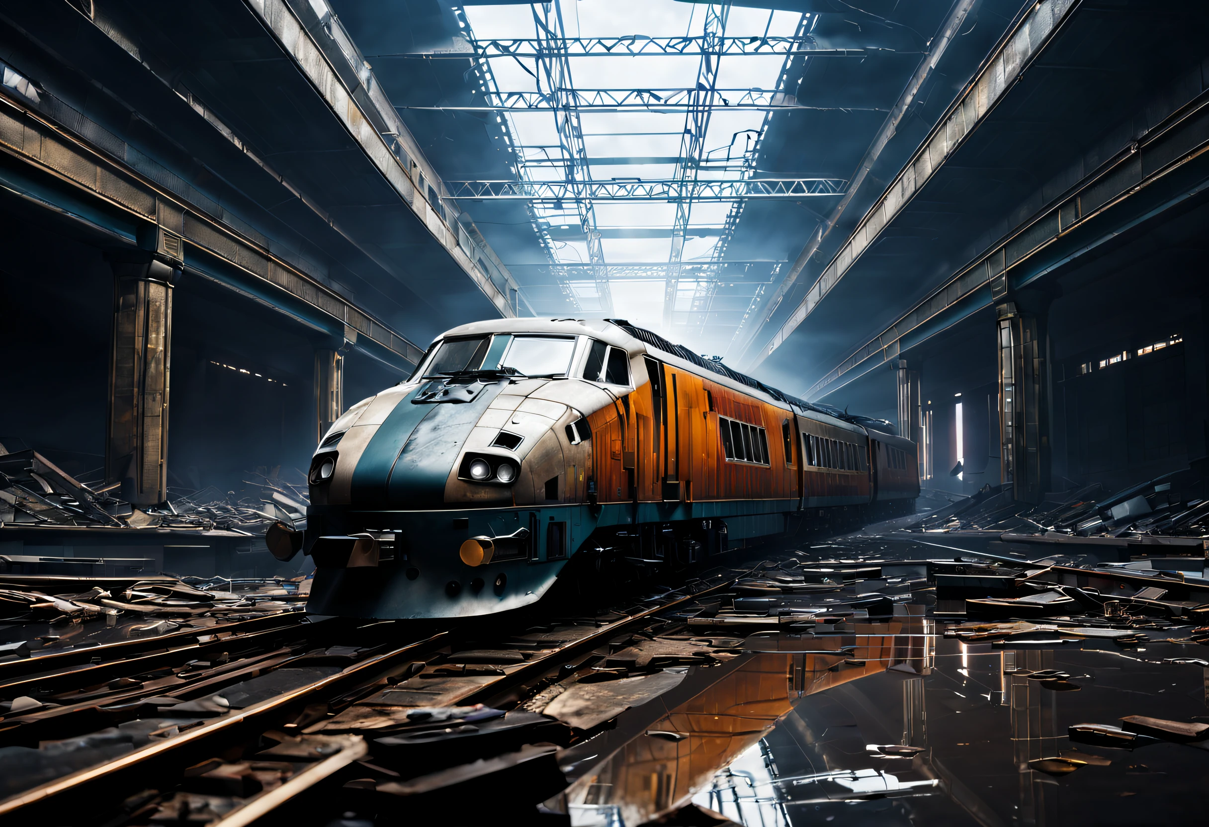 (best quality,4k,highres,masterpiece:1.2),train traveling ,ruins,sci-fi,futuristic, cinematic lighting, chiaroscuro,ray tracing,highly detailed, high-quality, mirai, color contrast, atmospheric, dystopian, urban, vibrant colors, shattered glass, dramatic shadows, decaying buildings, futuristic technology, dynamic composition, motion blur, urban decay, dynamic perspective, immersive atmosphere, post-apocalyptic, abandoned, reflections, moody, intense, mystery, advanced design, sleek lines, powerful engine, speed, danger, adrenaline rush