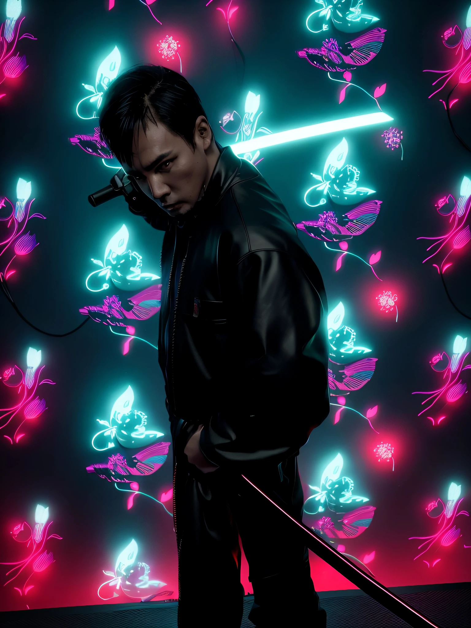 Cyberpunk digital art of a neon city with a samurai figure, highlighting the contrast between traditional and futuristic highly detailed 4K digital art, Stunning 8k graphics