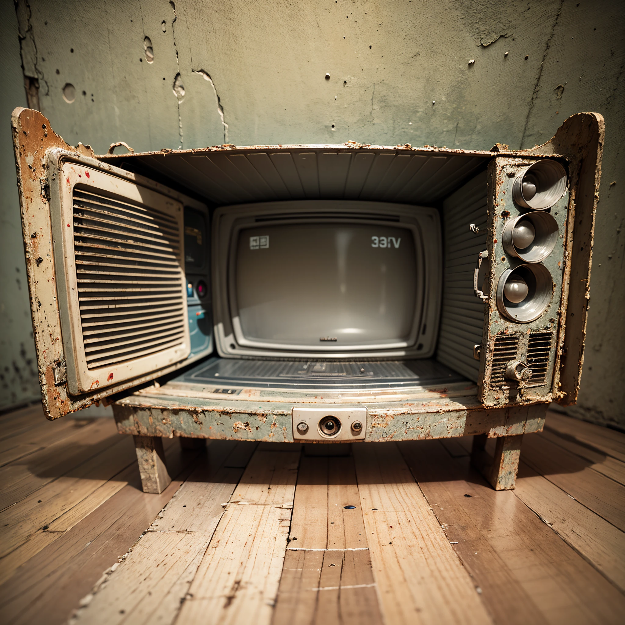 Create an image of L with some old televisions with the letter L in blood