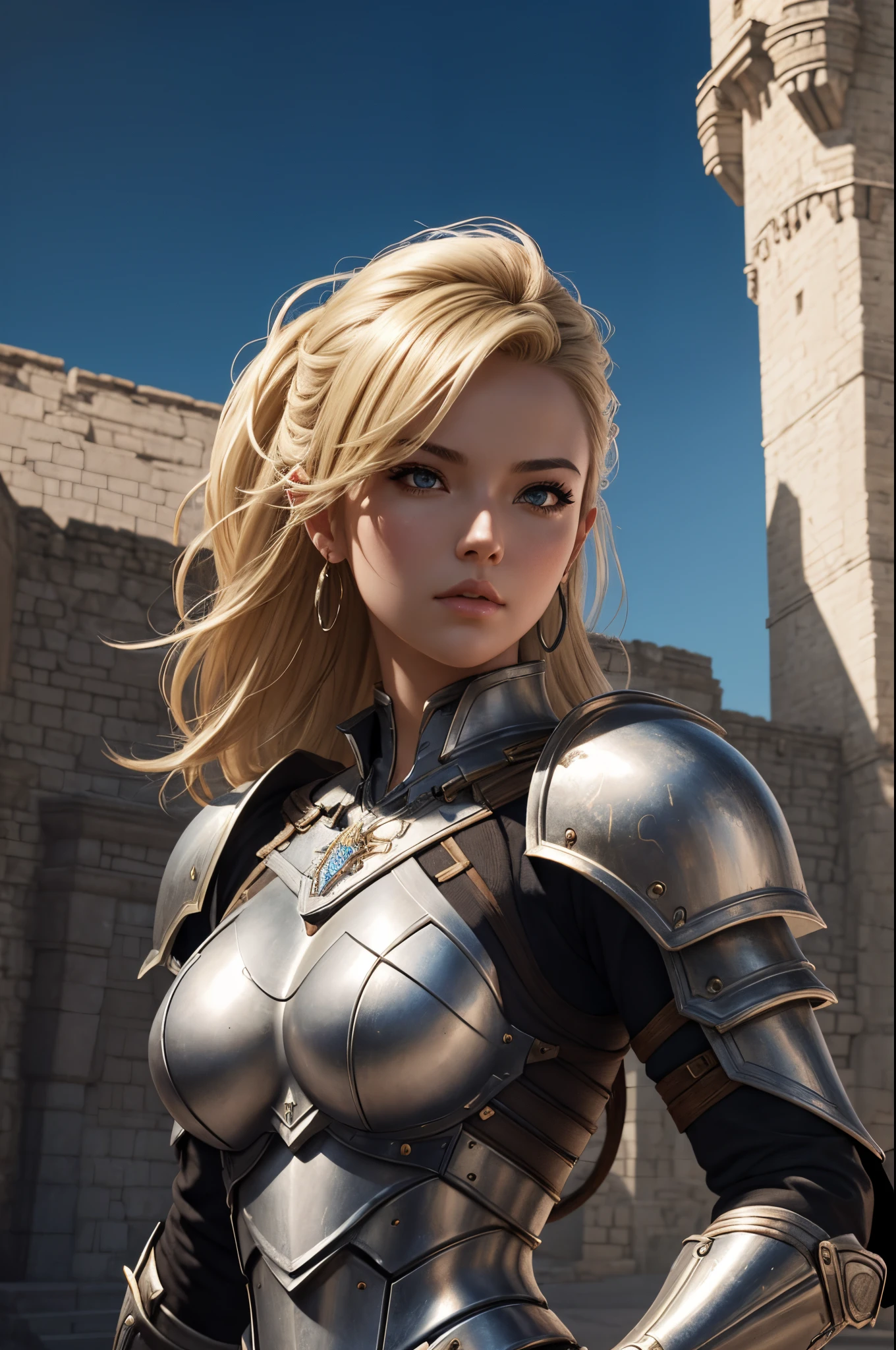 8K,Blonde mohawk girl in armor posing in front of a castle, artgerm julie bell beeple, Portrait of a girl holy knight with very small breasts, Portrait of a girl paladin, Alexandra Fomina Artstation, artgerm portrait, artgerm and wlop, ArtGerm ; 3d unreal engine, wlop and ArtGerm, ig model | ArtGerm, gorgeous girl paladin,超A high resolution,super realistic skin,tiny chest,enticing,