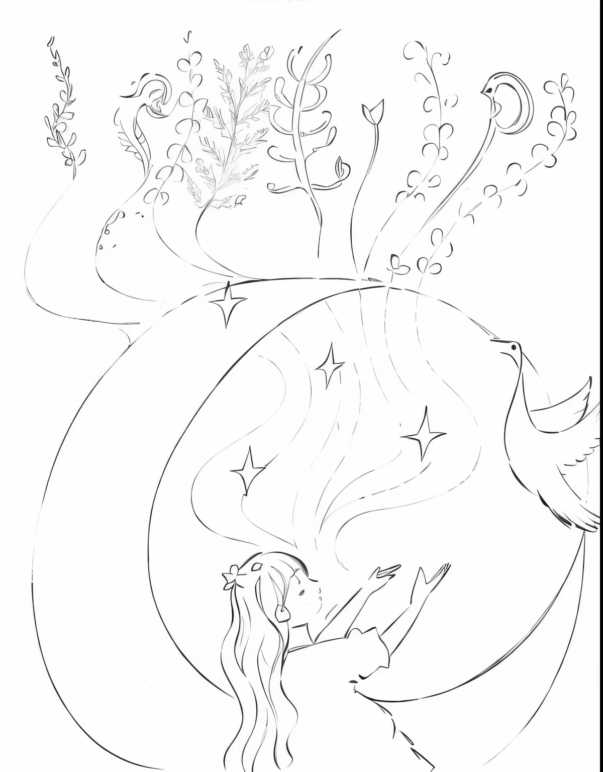 Drawing of a girl holding a bird and a dove in her hands, stylized lines, full page illustration, Lucid Dream Sketch, coloring sheet, Simple lines of art, spontaneous lines, full page illustration, Concept film, outline sketch, ink outline, Line art coloring page, line art, inky illustration, Bold lines, coloring page