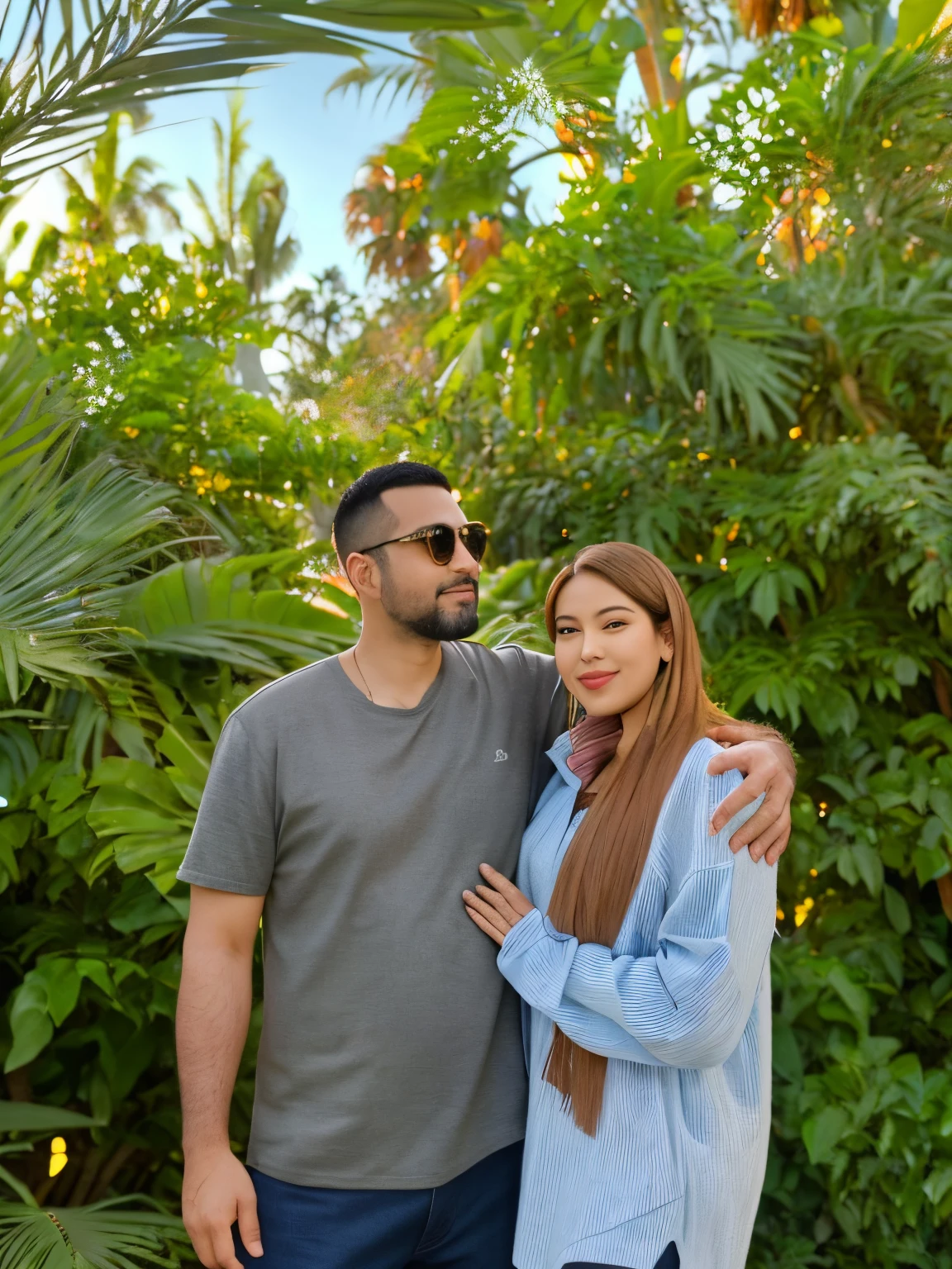 there is a man and woman standing together in front of a bush, palm trees in the background, with a tree in the background, taken at golden hour, profile image, trees in the background, portrait of two people, colored photo, with palm trees in the back, lovely couple, couple portrait, vacation photo, bushes in the background, couples portrait, #oc