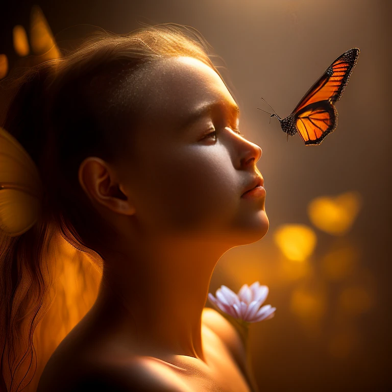 award winning portrait of topless beautiful girl looking at a backlit butterfly, nipples, bokeh, backlit, octane, unreal, epic composition