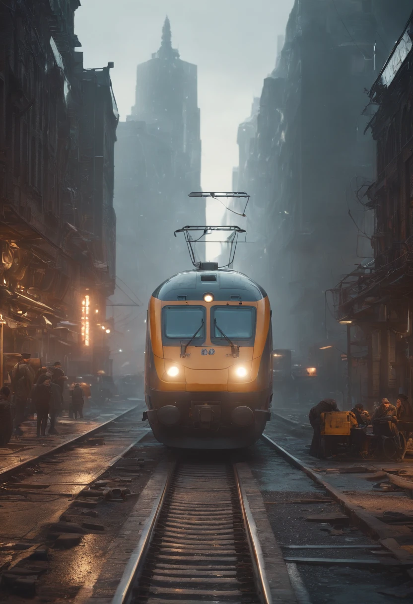 "Generate an ultra-detailed 4k CGI masterpiece (1.2 aspect ratio) featuring a train in a futuristic, post-apocalyptic city. Include (((highly detailed))) elements like ruins, shattered glass, and decaying buildings. Utilize cinematic lighting with chiaroscuro and ray tracing for the (((best quality))). Create a highly atmospheric scene with vibrant colors, dynamic shadows, and reflections. Incorporate futuristic technology, sleek lines, and powerful engines for a (((masterpiece))). Add a sense of danger, speed, and adrenaline rush through motion blur and dynamic perspective. Three related artists are Beeple, Mike Winkelmann, and Vitaly Bulgarov."