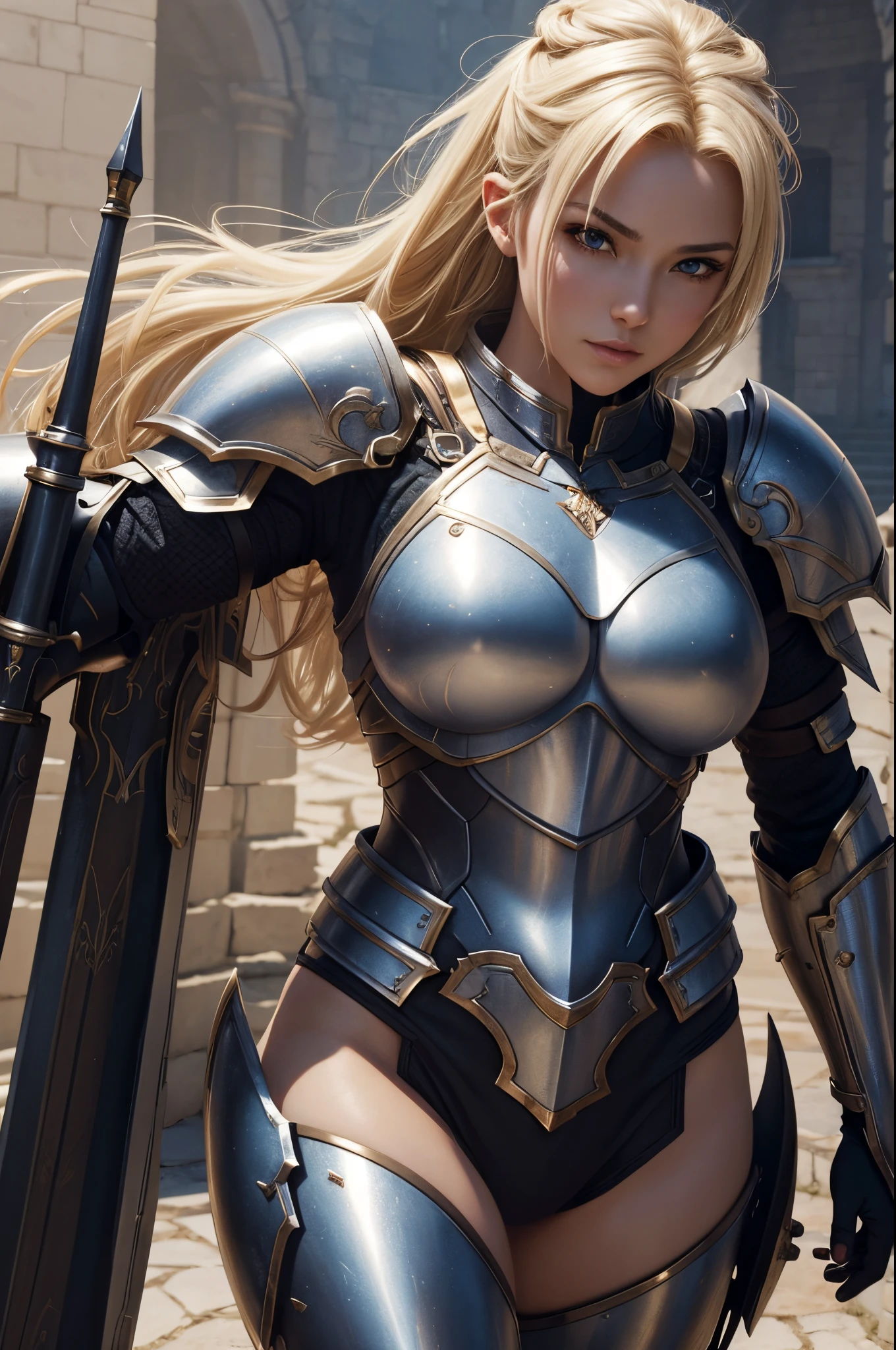 Sydney Sweeney, (masterpiece:1.2), (absurdres), (detailed face),(detailed eyes), (best quality) (traditional media:1.2)  , (white backround), upperbody, (expressionless),  artoria_pendragon_(fate), saber, armor, blonde hair, gauntlets, green eyes, hair ribbon, armored dress, ahoge, blue dress,
