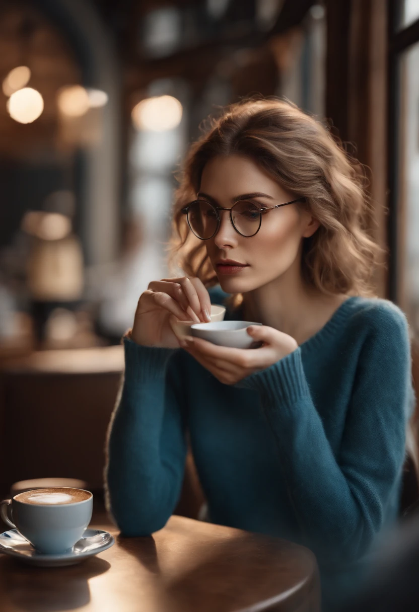 A close-up shot of a character sitting at a cafe table, sipping on a hot chocolate and reading a thick book with intense focus.,original,[{{((Hair: light brown + short + messy))
((Eyes: large + blue + piercing + doe eyes))
((Facial features: long sharp face + sharp jawline + straight nose + pointed chin + thin lips + pale))
((Build: tall + slender + lean + lithe + strong + large hands))
((Appearance: glasses + sweaters + neat + put together))}}]