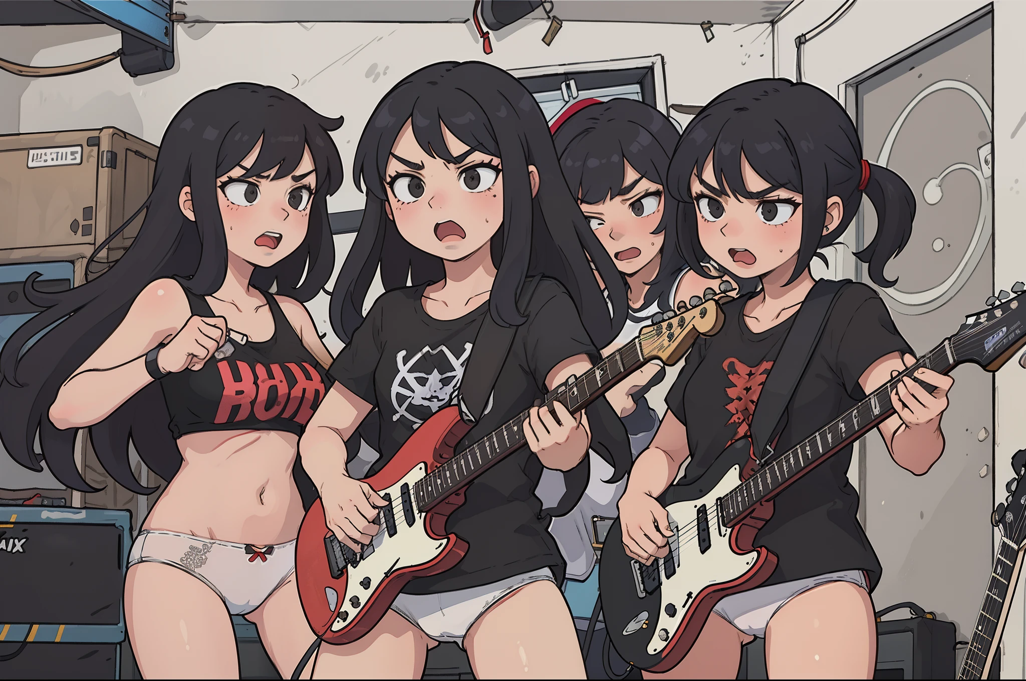 (masterpiece:1.2, best quality), (highly detailed), 3girls, , rock band, botttomless, (white panties), black shirt, play electric guitars, in a garage, sing, angry, aggressive, heavy metal, black red, dark, vibrant