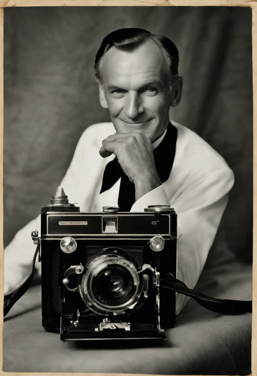 A photo of a vintage film camera,original,Hugh Hefner, the founder of Playboy magazine, was known for his distinctive appearance: often clad in luxurious silk pajamas or a smoking jacket, paired with a sailor’s cap or a smoking pipe, projecting an image of casual opulence. He maintained a well-groomed look with his hair neatly combed back, and later in life, he was recognized by his mature, yet charming demeanor.
