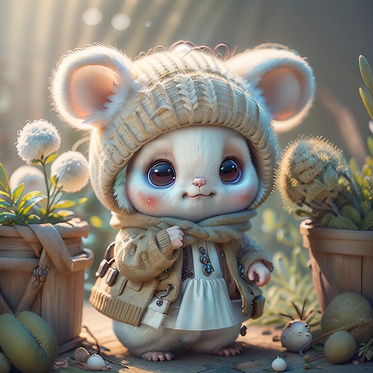 masterpiece、top-quality、Lots of detail、(full bodyesbian:1.2)、Chibi、Hamster Girl、white hair、Magic Dress、Light headphones、3d rendered、Q Printmaking Style, lamb and sloths mix