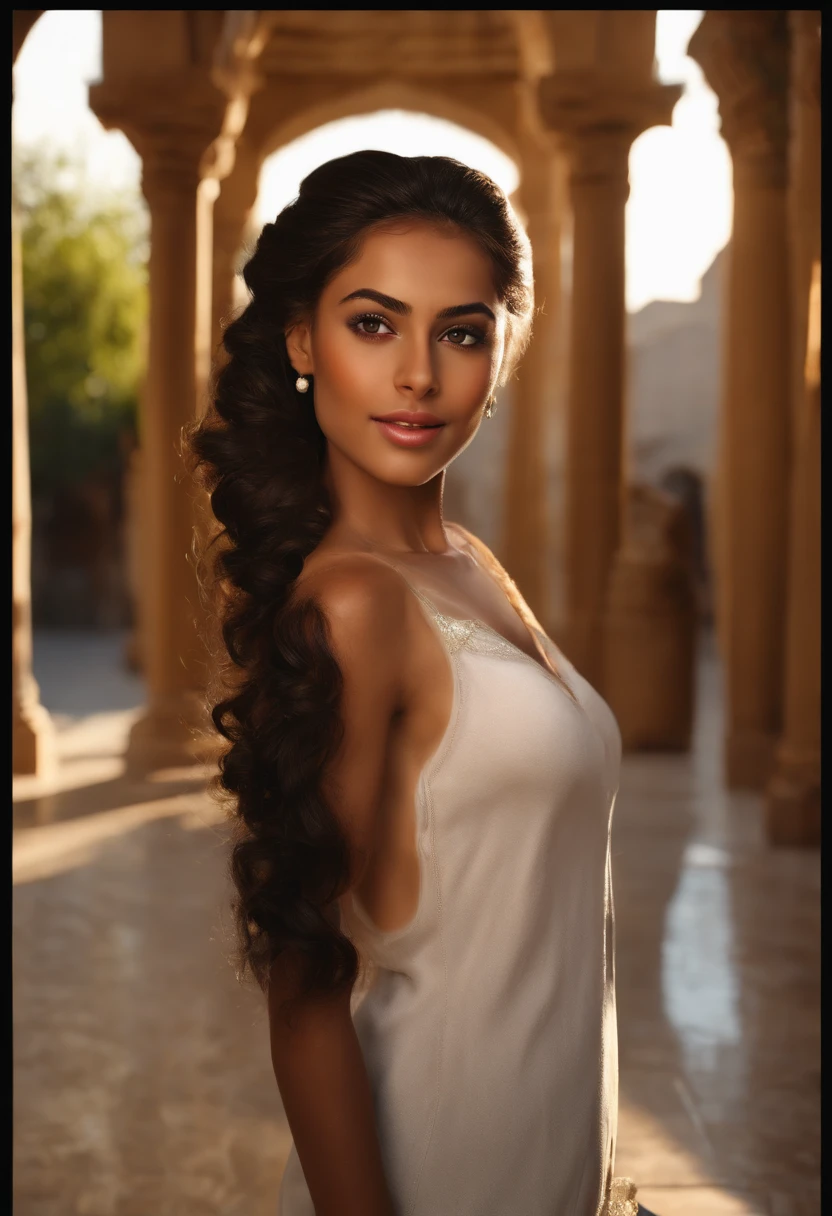 ((iraqi dark skin, iraqi attractive 18 year old )), ((her beauty is undeniable)), ((excited cute face)), ((hyper detailed perfect eyes,)), ((seductive )), sexy, (( ponytail hair,)), (( skin)), ((standing, front view)), ((outdoors, public city)), sharp focus cgi, photorealistic, high detail, realistic, masterpiece, best quality, HDR, high quality, high-definition, extremely detailed, intricate details, Full-HD, (realistic photo:1.2), contrast, cinematic lighting, natural lighting, backlighting, global illumination, ambient occlusion, naked:1.5, whole body