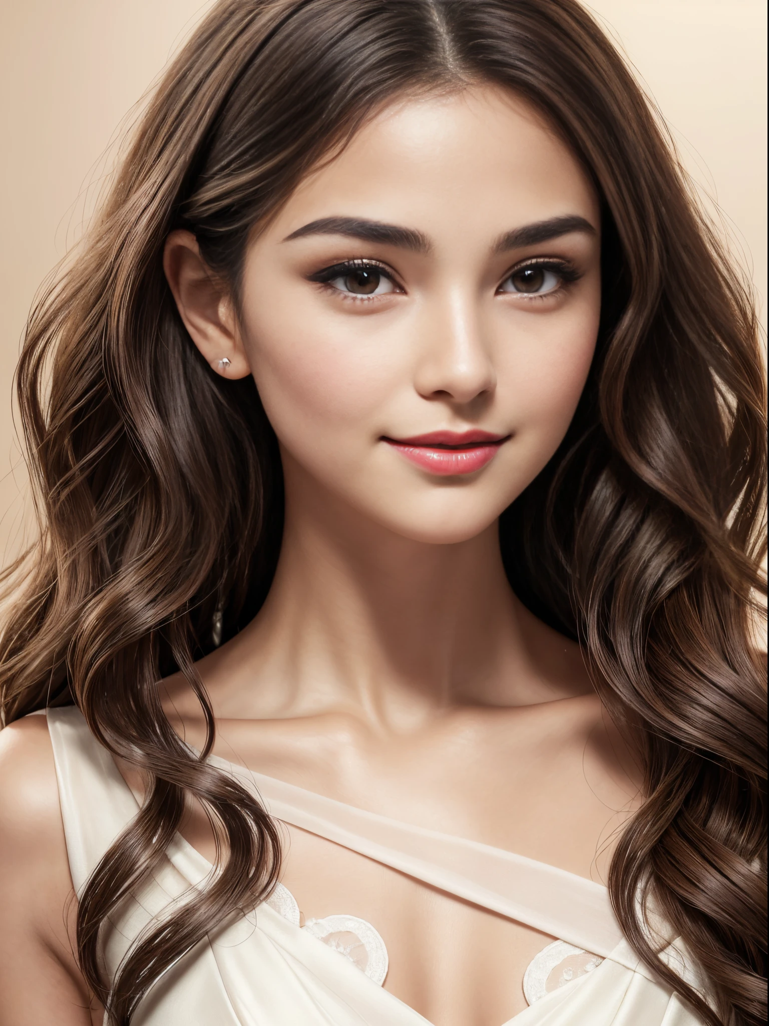 (Masterpiece), (Realistic), (best quality), (8K), ultra detailed, UHD, RAW, Spanish woman, tan:0.2, round face shape, dark brown hair, beautiful realistic wavy curly dark brown hair, dark brown eyes, dark brown almond symmetric beautiful realistic eyes, thin eyebrows:1.4, round eyebrows, beautiful symmetric nose, rounded nose-tip, thin nose-bridge, thin nostril, small delicate nose, ((round (feminine) cheeks)), (cheek dimples:1.35), thin lips, small mouth, rounded chin, transparent red lipstick, skin texture:1.2, wearing a white princess seam dress