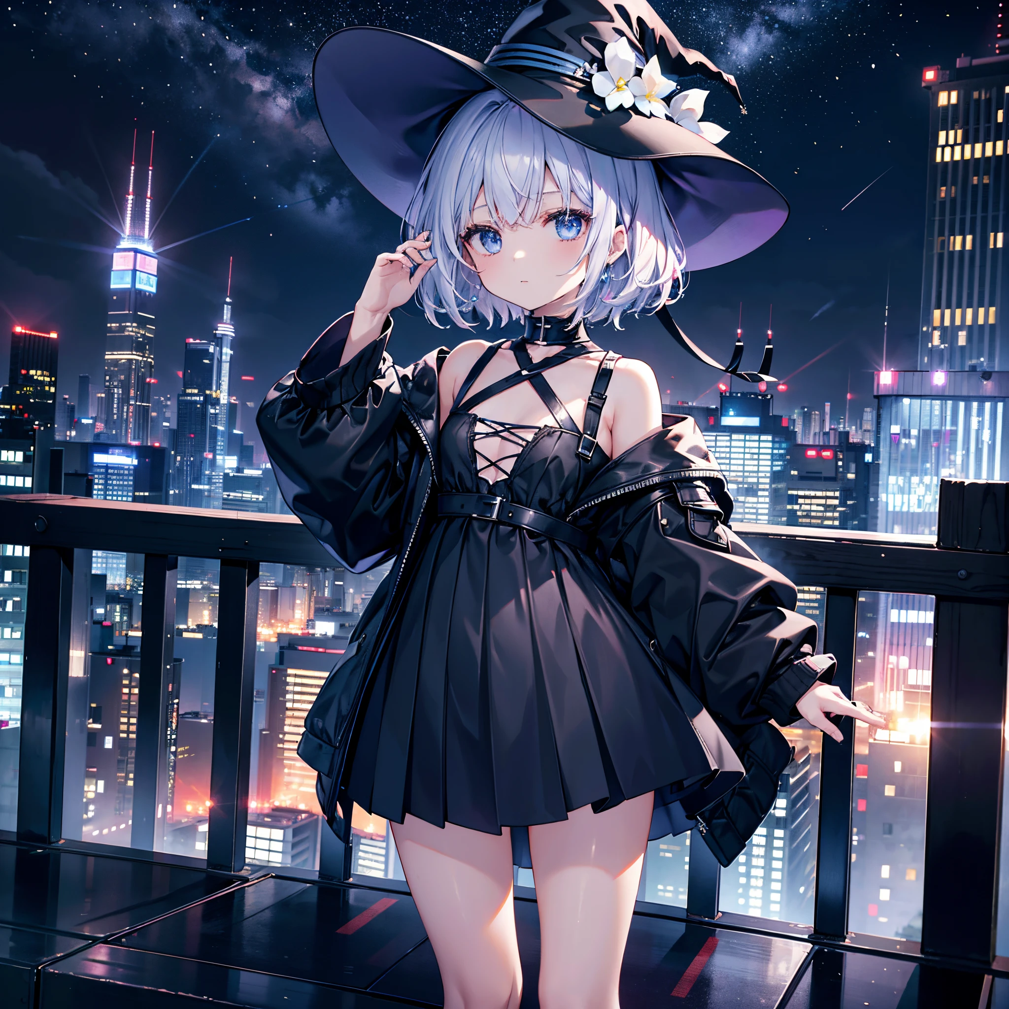 An adult woman lingering on the roof of a building overlooking the night view of Tokyo and the sea.、She has white lob hair with a short bob and wears a large black witch hat with sapphire accessories.、her appearance is stylish、she is wearing a long black coat、sailor swimsuit、I&#39;m wearing a white T-shirt、Black long skirt、Black sneakers with white shoelaces、Black tights、Black Short Leggings、R18 Illustration、Eromanga、erotic illustration、Two-dimensional illustration、Japan Anime、drawn by Japanese ilastrator、high-level image quality、4K picture quality、High Quality、hight resolution、5 million pixels、High Details、uncensored