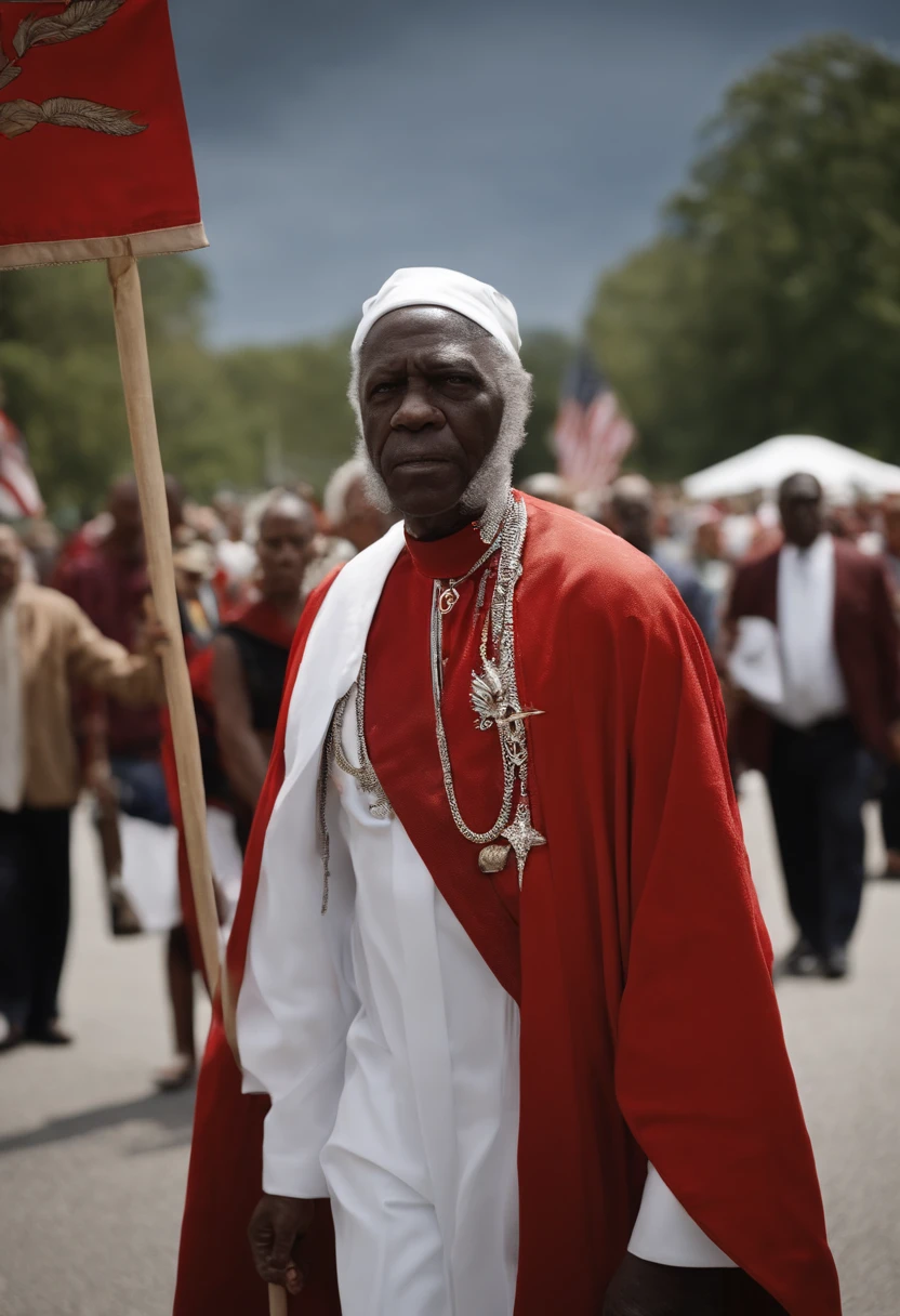 A photo of Clayton Bigsby at a Civil Rights march,original,His appearance is that of an older man, typically dressed in the attire associated with the Ku Klux Klan, including the hood and robes when he is ‘in character’ as a white supremacist leader. Bigsby’s demeanor is often agitated and combative, especially when expressing his extremist views, which is a sharp contrast to his obliviousness to his own ethnicity.