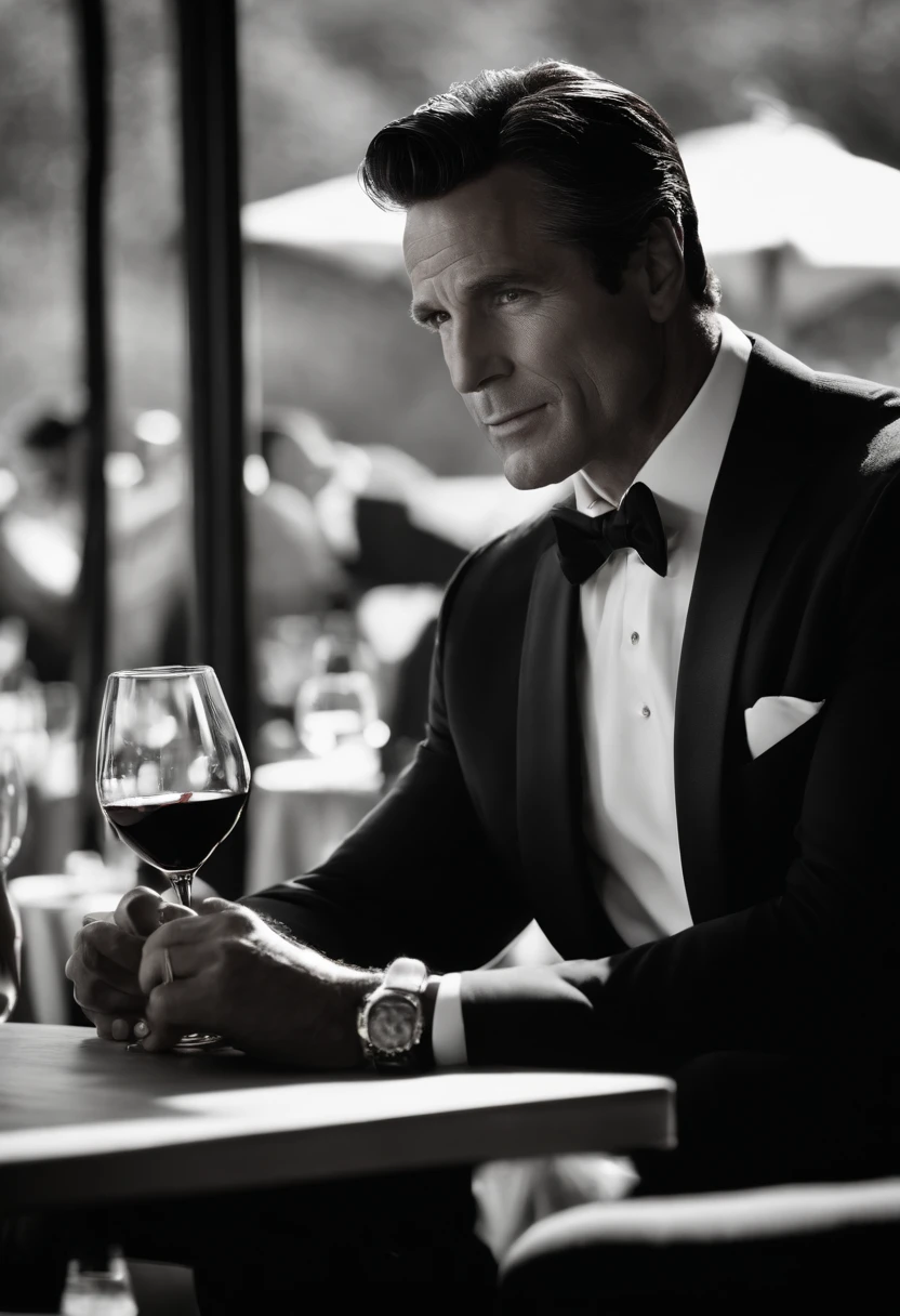 A photo of Bruce Wayne enjoying a wine tasting session at a vineyard.,Batman,Bruce Wayne, the man behind the Batman persona, He is a tall and impressive man., Athletic build and sharp, Handsome face, As befits his billionaire playboy status.、He often wears the finest suits.. Her black hair and sharp gaze give off an overwhelming presence., But there's always a hint of mystery in his attitude..