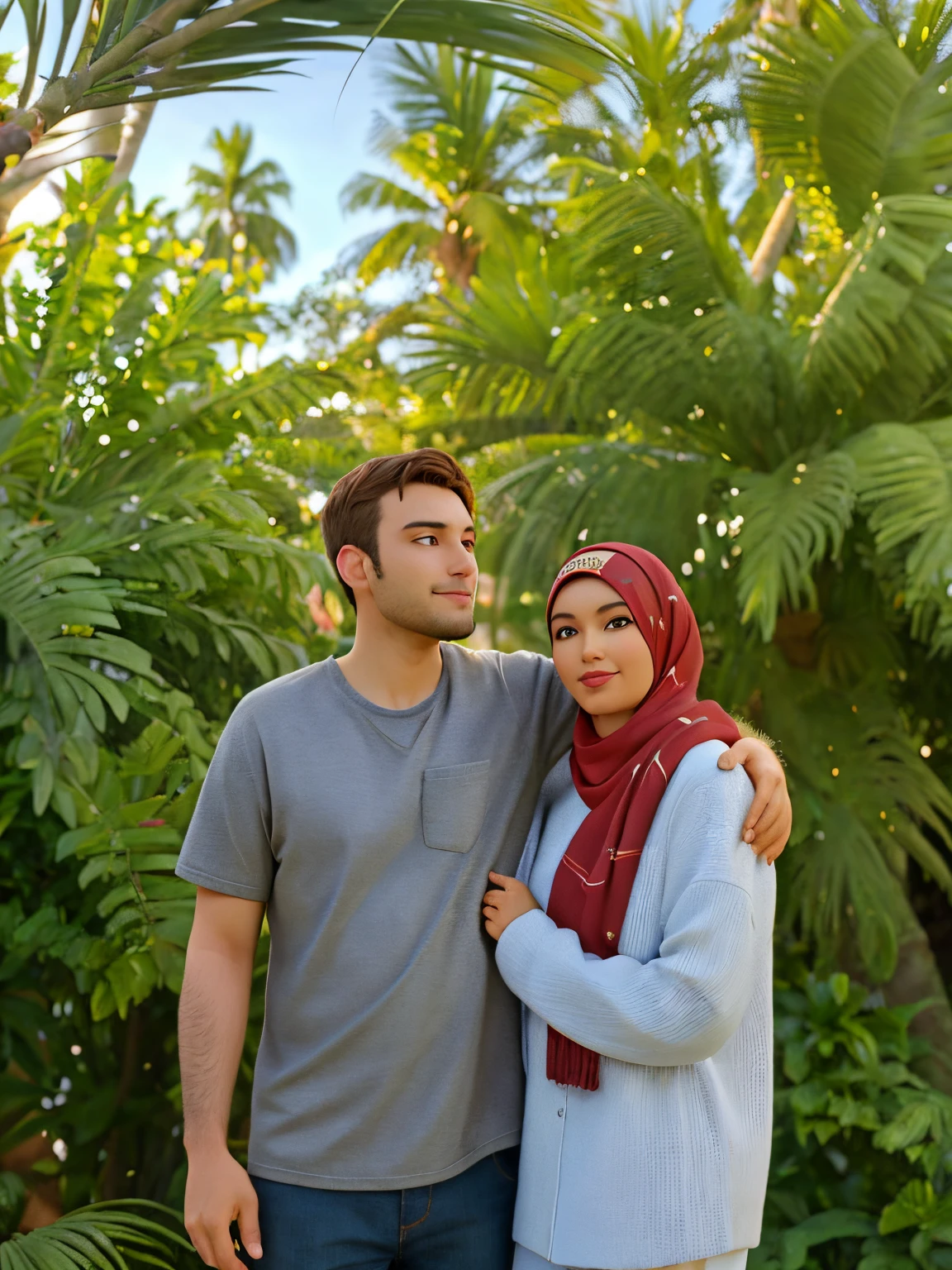 there is a man With brown hair and woman She wears a hijab standing together in front of a bush, palm trees in the background, with a tree in the background, taken at golden hour, profile image, trees in the background, portrait of two people, colored photo, with palm trees in the back, lovely couple, couple portrait, vacation photo, bushes in the background, couples portrait, #oc