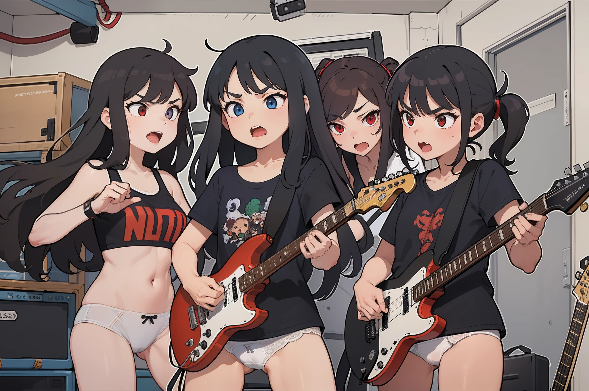 (masterpiece:1.2, best quality), (highly detailed), 3girls, , teenck band, botttomless, (white panties), black shirt, play electric guitars, in a garage, sing, angry, aggressive, heavy metal, black red, dark, vibrant