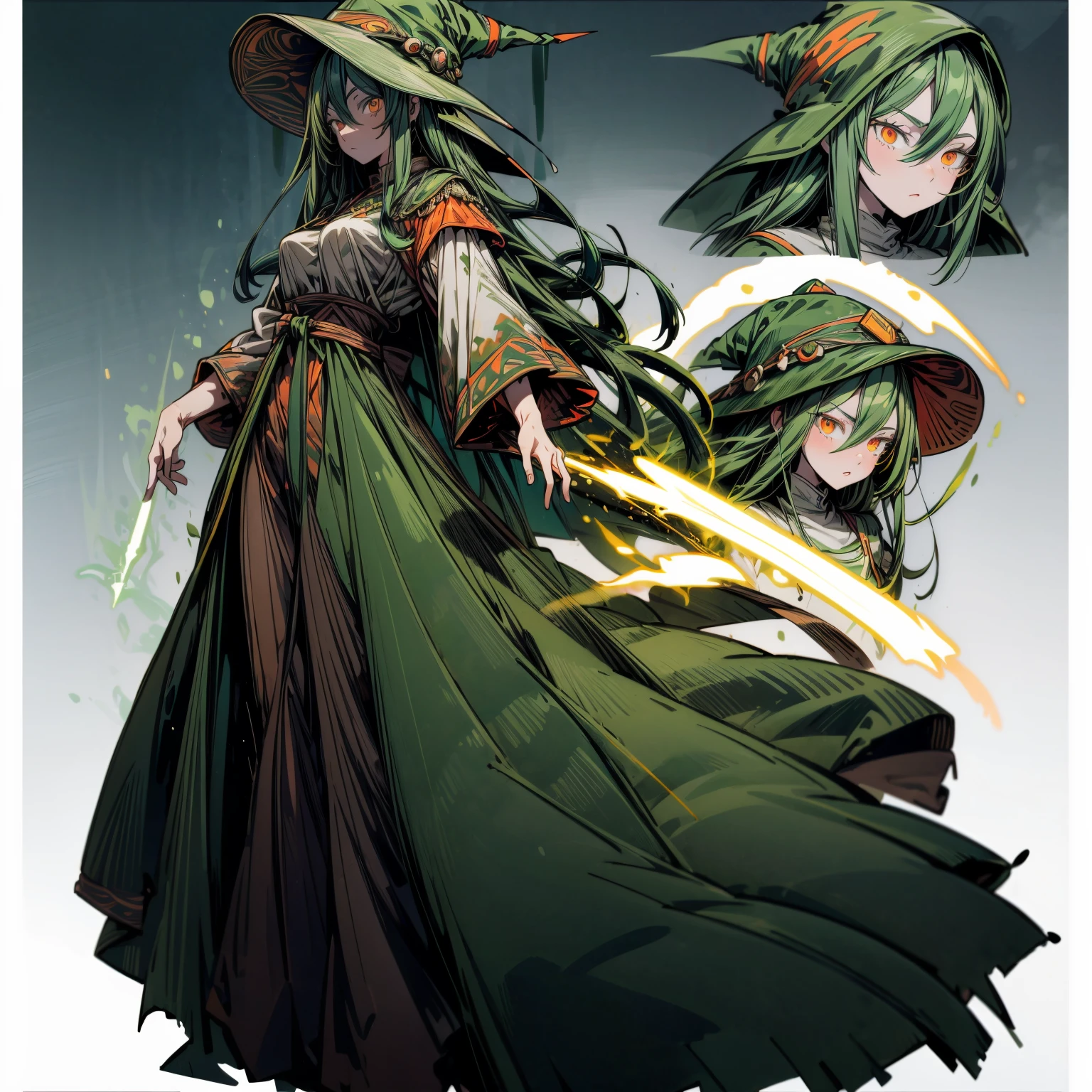 beautiful, masterpiece, best quality, extremely detailed face, perfect lighting, long hair, green hair, hair between eyes, bangs, very long hair, orange eyes, knight armor, holing sword, (CharacterSheet:1), (multiple views, full body, upper body, reference sheet:1), back view, front view, (white background, simple background:1.2), large breasts, fight pose