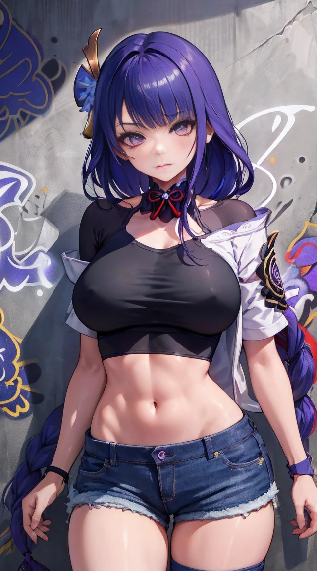 Raiden Shogun Genshin Effects Effects, master-piece, bestquality, 1girls, bara, crop top, Long Jean Jan Shirt, shorts jeans, choker, (Graffiti:1.5), color splashes, arm behind back, against wall, looking at the audience, bracelet, Thigh strap, Head tilt, bored, multicolored hair, water eyes, headset, sexy, pretty