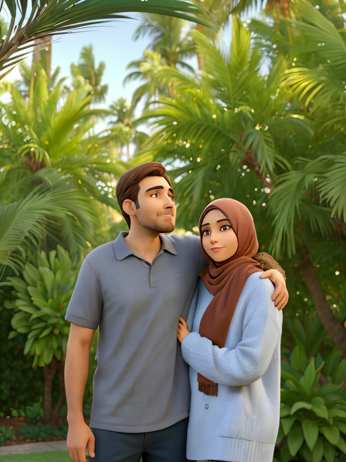 there is a man With brown hair and woman She wears a hijab standing together in front of a bush, palm trees in the background, with a tree in the background, taken at golden hour, profile image, trees in the background, portrait of two people, colored photo, with palm trees in the back, lovely couple, couple portrait, vacation photo, bushes in the background, couples portrait, #oc