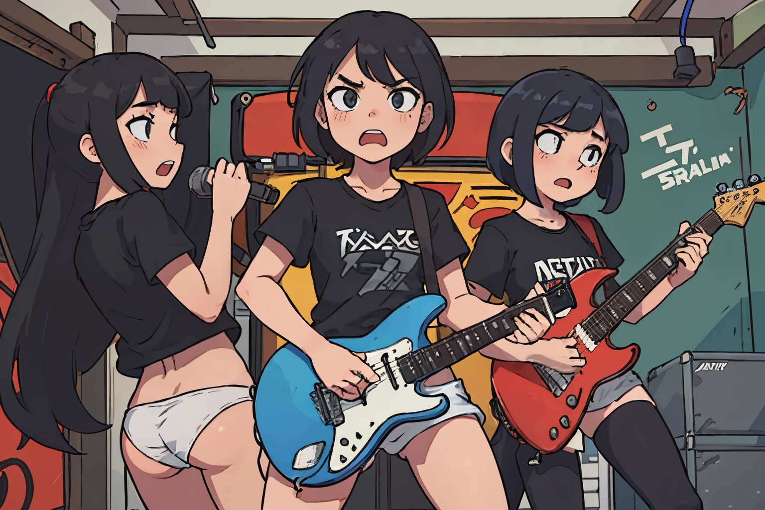 (masterpiece:1.2, best quality), (highly detailed), 3girls, , teenck band, botttomless, (white panties), black shirt, play electric guitars, in a garage, sing, angry, aggressive, heavy metal, black red, dark, vibrant