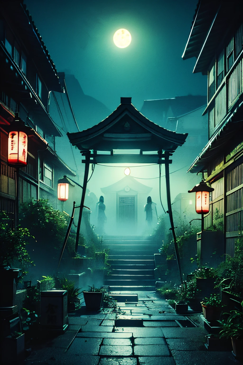 ZEROSTYLEBG, Japanese Horror ruins landscape at night,