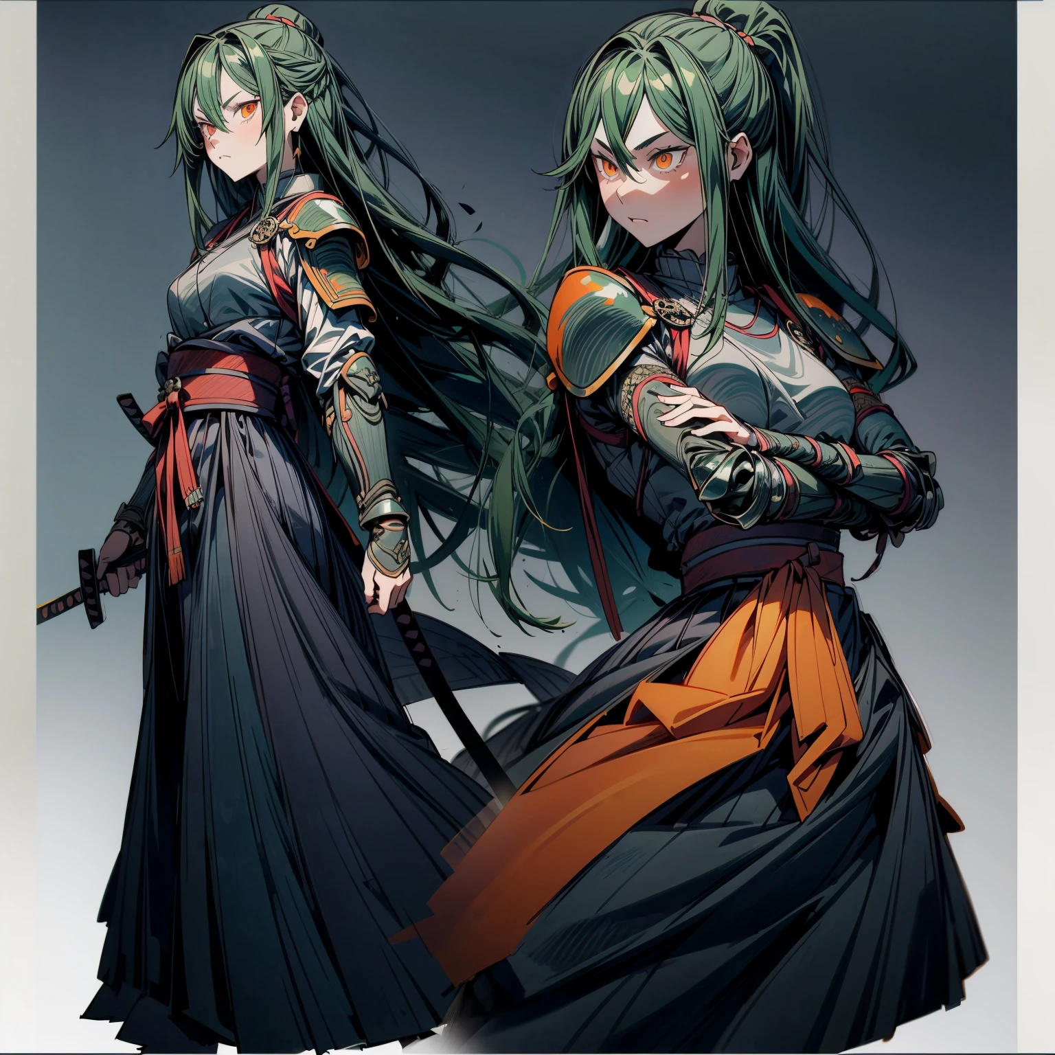 beautiful, masterpiece, best quality, extremely detailed face, perfect lighting, long hair, green hair, hair between eyes, bangs, very long hair, orange eyes, knight armor, holing sword, (CharacterSheet:1), (multiple views, full body, upper body, reference sheet:1), back view, front view, (white background, simple background:1.2), large breasts, fight pose