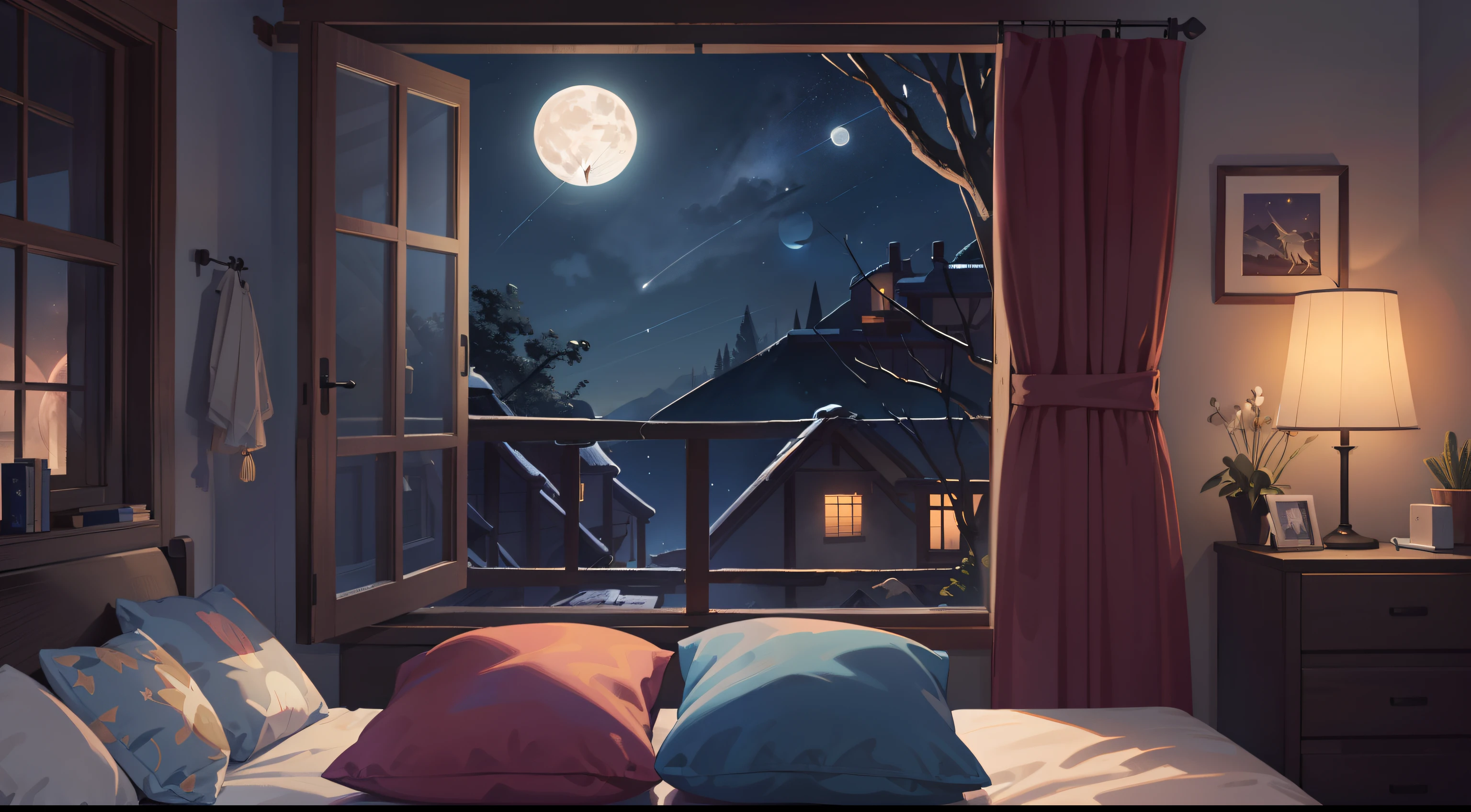 Room window with night sky, Full moon and stars in sky illustration (8K illustration), azul, unmanned, cama encostada a parede e um guarda-roupa (best quality) (detalhes intrincados) (8k) (night sky)