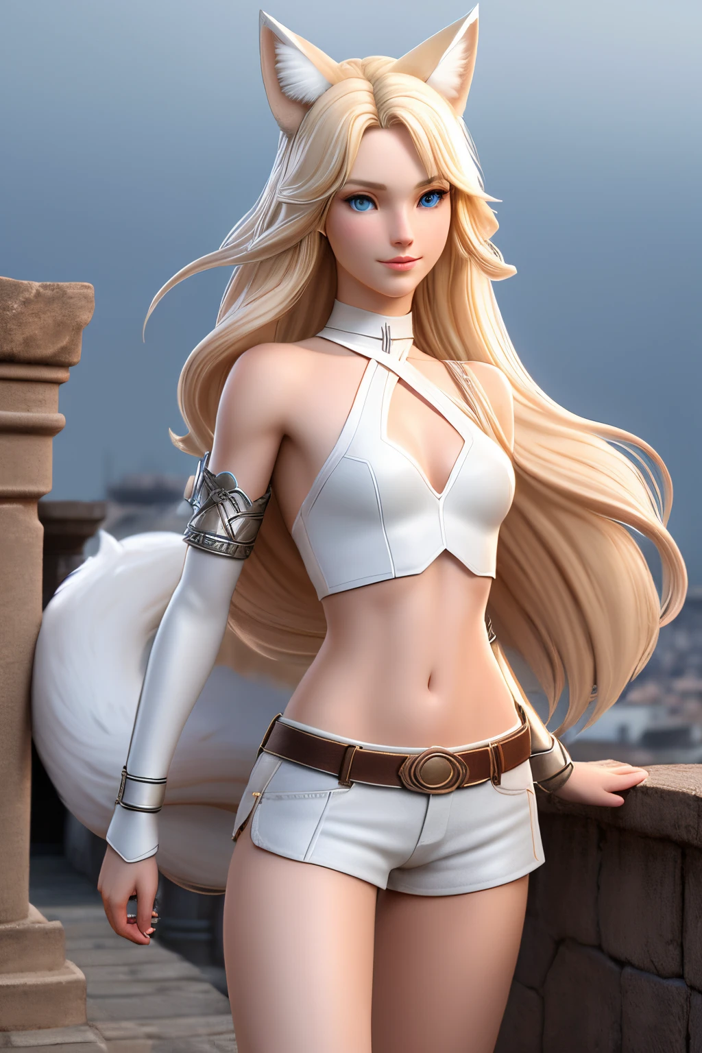 close up 1girl in, teenager, Solo, Aesthetic artwork, blond, straight blonde hair, super long blonde hair, light blue eyes, some small freckles, pale skin, small breasts, cleavage, runners body, (thin hips, thin waist: 1.25), detailed skin, neutral face, mischievous smile, (action shot, kneeling:1.3), wearing a choker with a bell, wearing a belt knife, (wearing brown leather halter top and short shorts with armor:1.1), (white fox ear, white fox tail:1.25), (full body: 1.1), very detailed city roof background, rooftop, overlooking ancient Greek city, 24mm, 4k textures, soft cinematic light, RAW intricate, elegant, highly detailed, sharp focus, ((((cinematic look)))), soothing tones, insane details, intricate details, hyperdetailed, low contrast, soft cinematic light, dim colors, exposure blend, hdr, faded