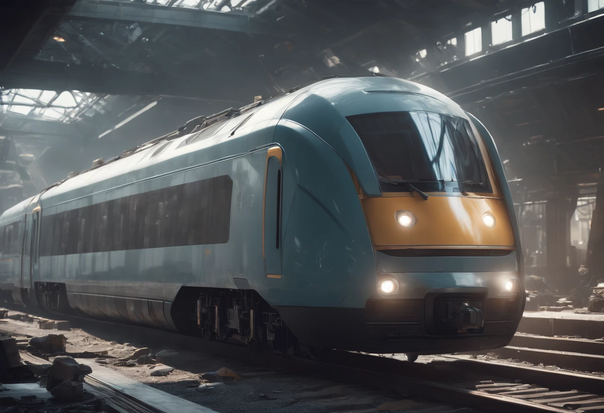 "Generate an ultra-detailed 4k CGI masterpiece (1.2 aspect ratio) featuring a train in a futuristic, post-apocalyptic city. Include (((highly detailed))) elements like ruins, shattered glass, and decaying buildings. Utilize cinematic lighting with chiaroscuro and ray tracing for the (((best quality))). Create a highly atmospheric scene with vibrant colors, dynamic shadows, and reflections. Incorporate futuristic technology, sleek lines, and powerful engines for a (((masterpiece))). Add a sense of danger, speed, and adrenaline rush through motion blur and dynamic perspective. Three related artists are Beeple, Mike Winkelmann, and Vitaly Bulgarov."