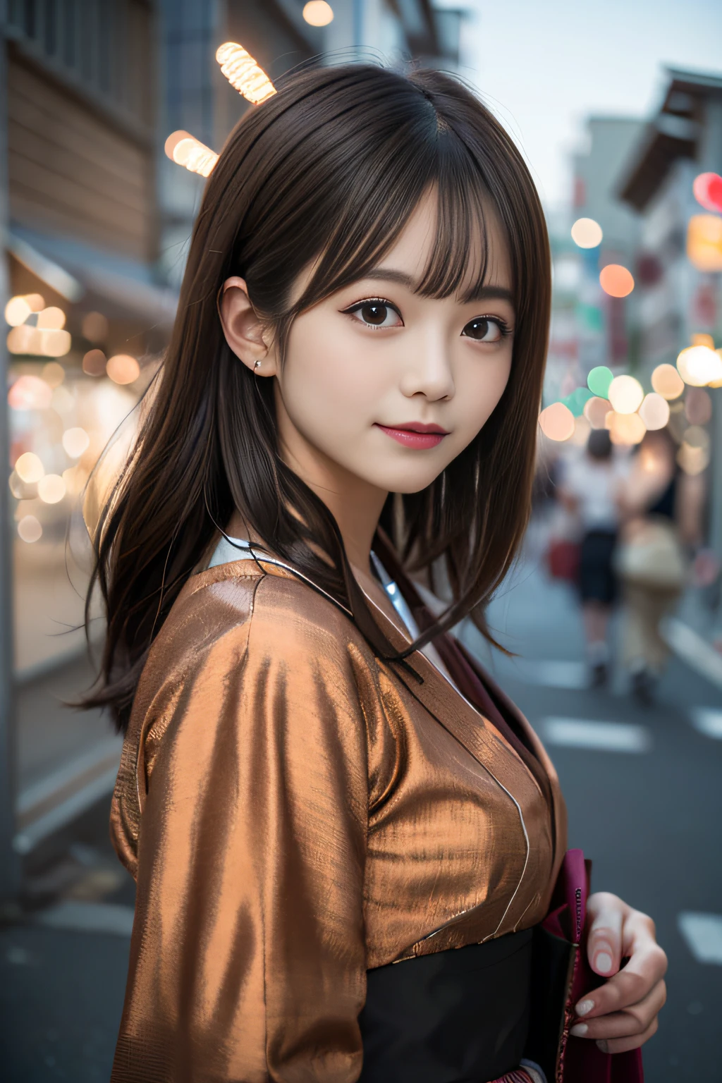 (8K、Raw photography、top-quality、​masterpiece:1.2)、(realisitic、Photorealsitic:1.37)、ultra-detailliert、超A high resolution、女の子1人、see the beholder、beautifull detailed face、A smile、Constriction、(Slim waist) :1.3)、Beautiful detailed skin、Skin Texture、Floating hair、Professional Lighting、Whole human body、Longhaire、(Brown hair)、Japan floral yukata、matsuri、In the street、sparklers、Glasses