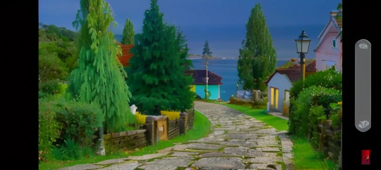 A cobblestone path leading down to some houses, the ocean in the background