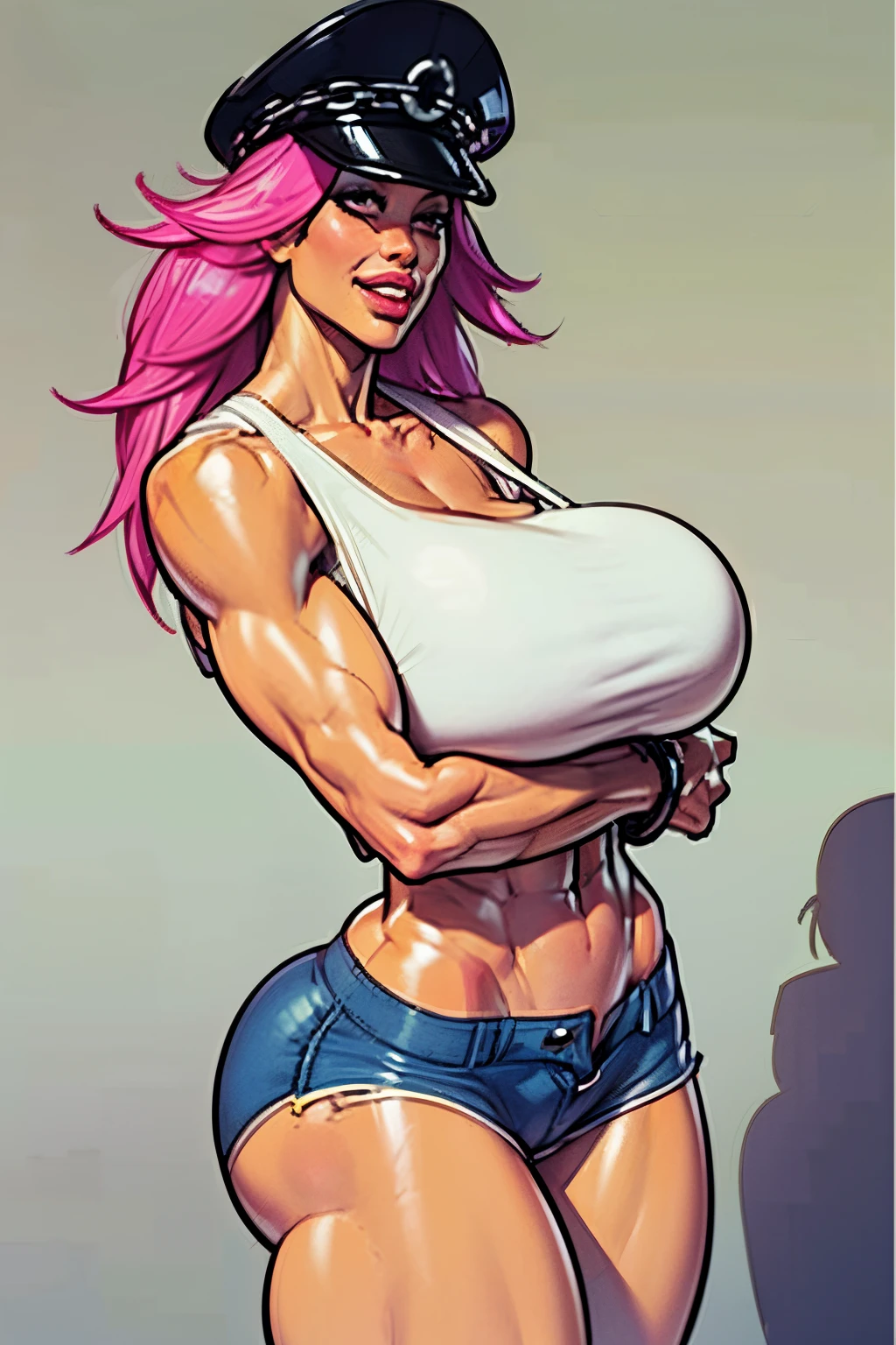 Final fight, ((Poison)) from street fighter,(big breast:1.5),dynamic poses, pink hair, wide chest,big chest, ((white tank top)), denim shorts, police cap, super perfect body curve,S-shaped body,waifu (18 years old)-hot daddy-frivolity-body language, fit figure, bad laughing,gorgeous perfect face, realistic style and super detailed renderings, superrealism,kawaii, zbrush, super-realistic oil, contour shadow-process - ((Waiting to start))